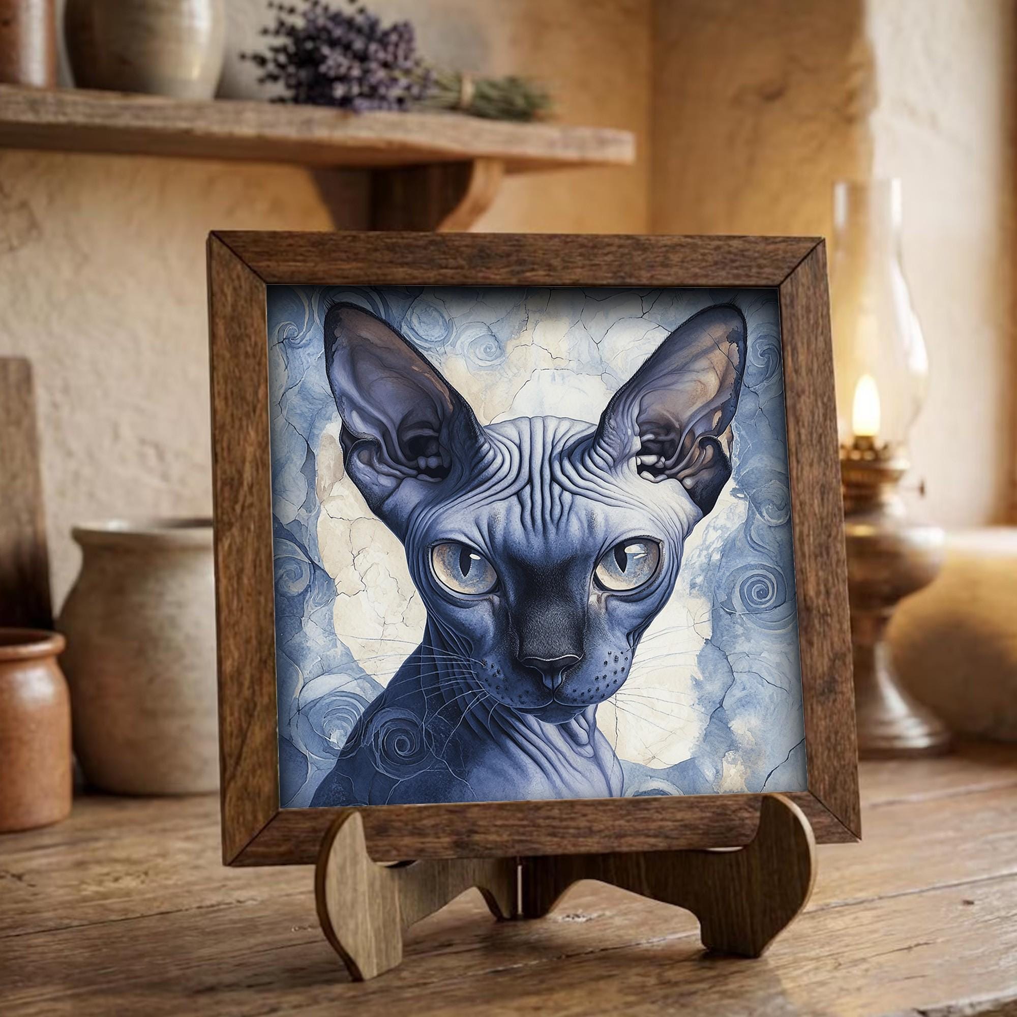 Framed Sphynx Cat Art Print | Blue Watercolor Pet Portrait Decor