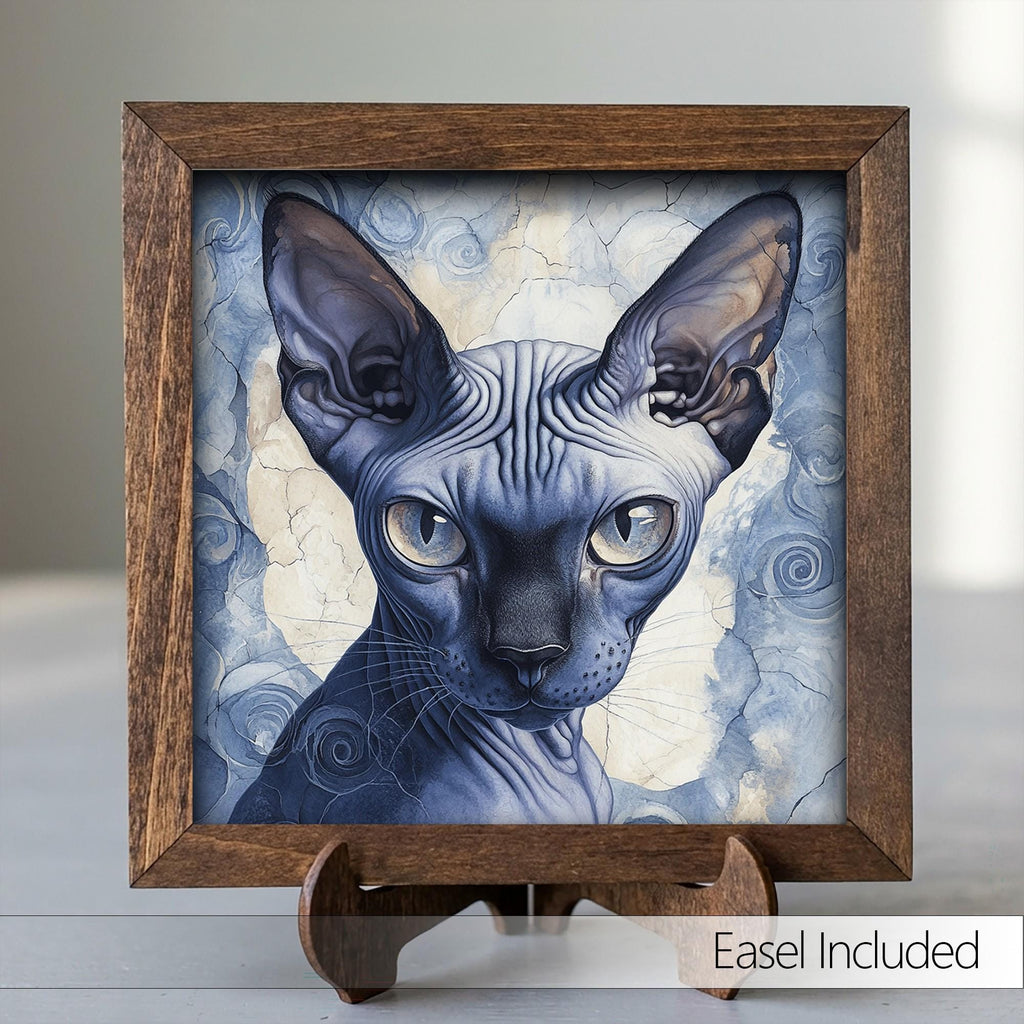Framed Sphynx Cat Art Print | Blue Watercolor Pet Portrait Decor