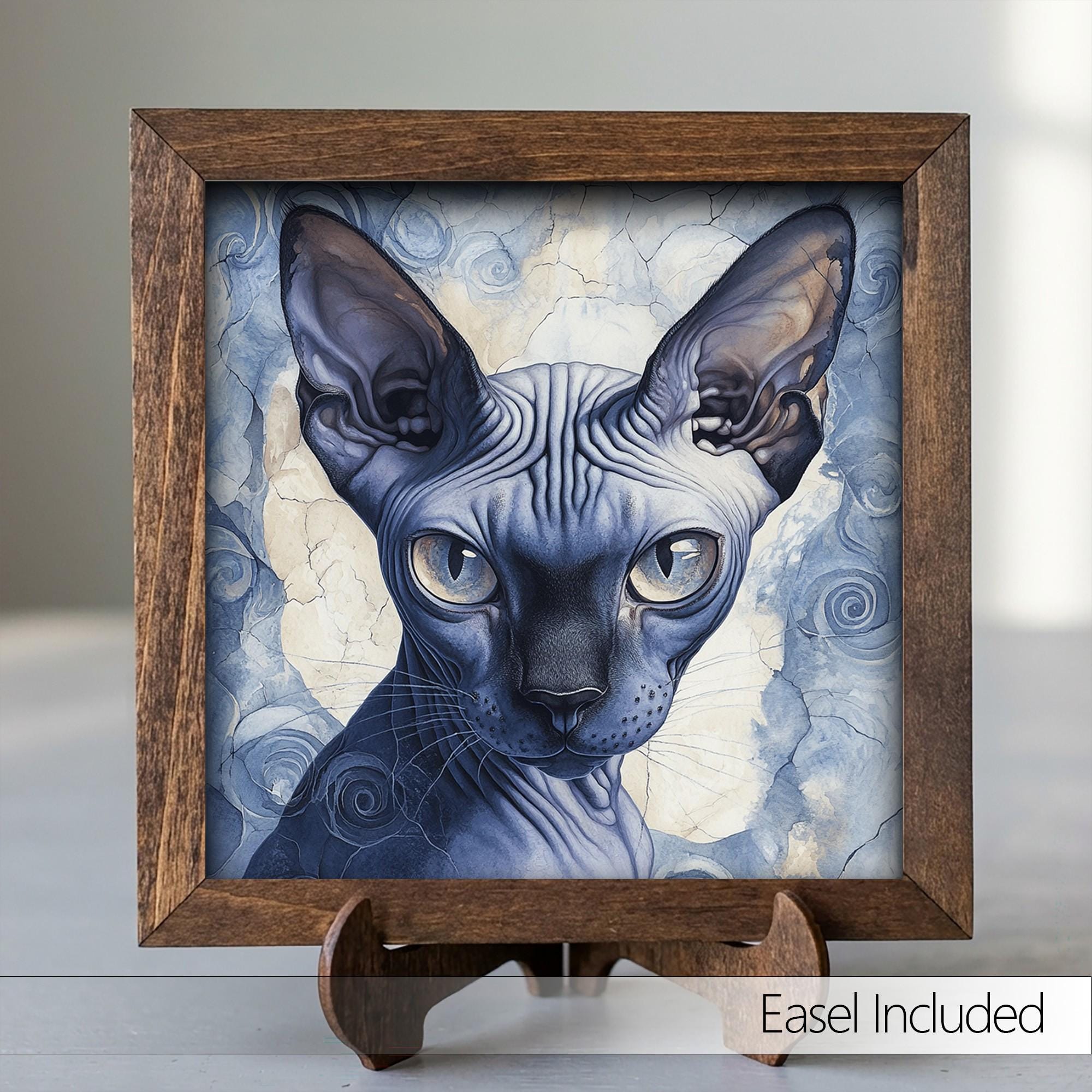 Framed Sphynx Cat Art Print | Blue Watercolor Pet Portrait Decor