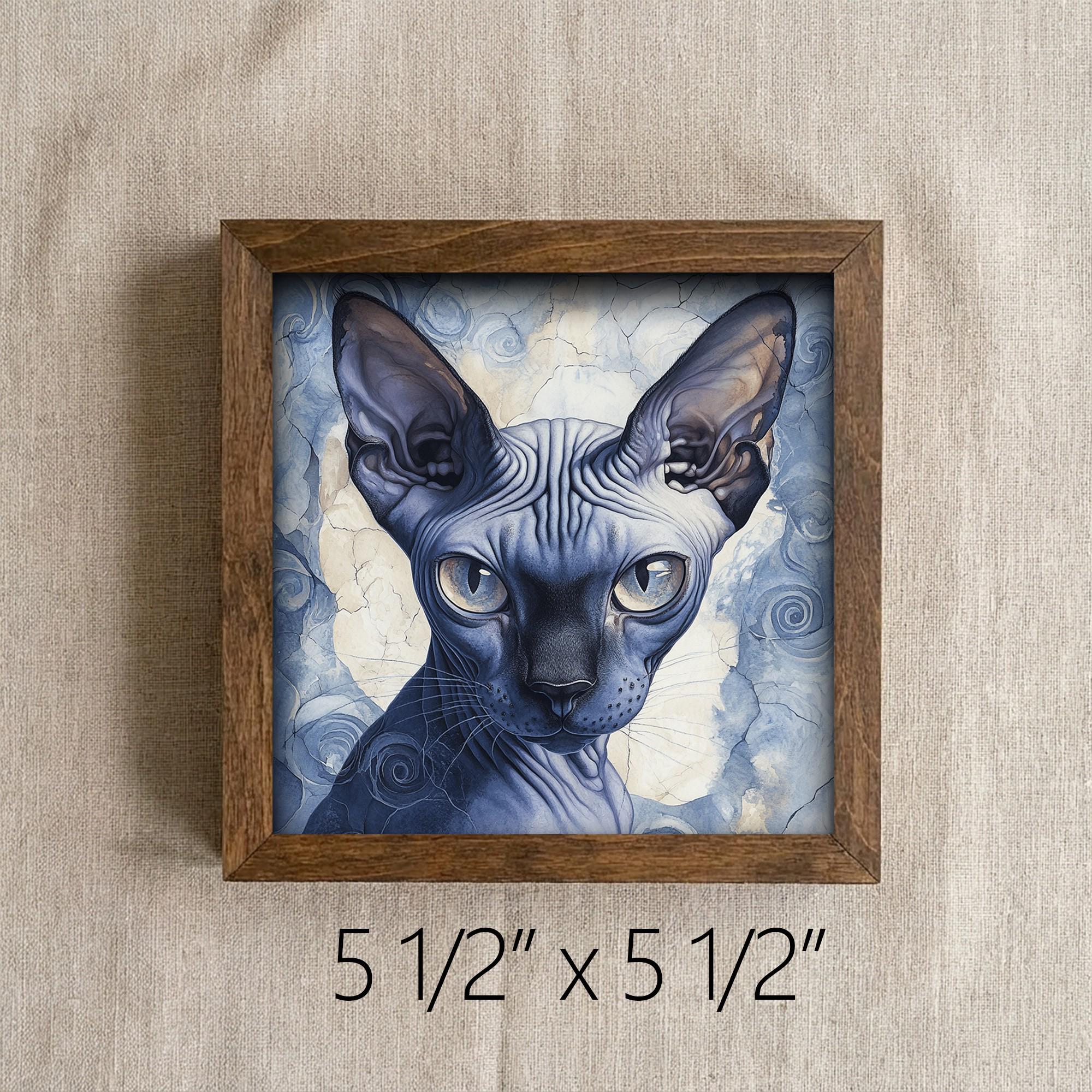 Framed Sphynx Cat Art Print | Blue Watercolor Pet Portrait Decor