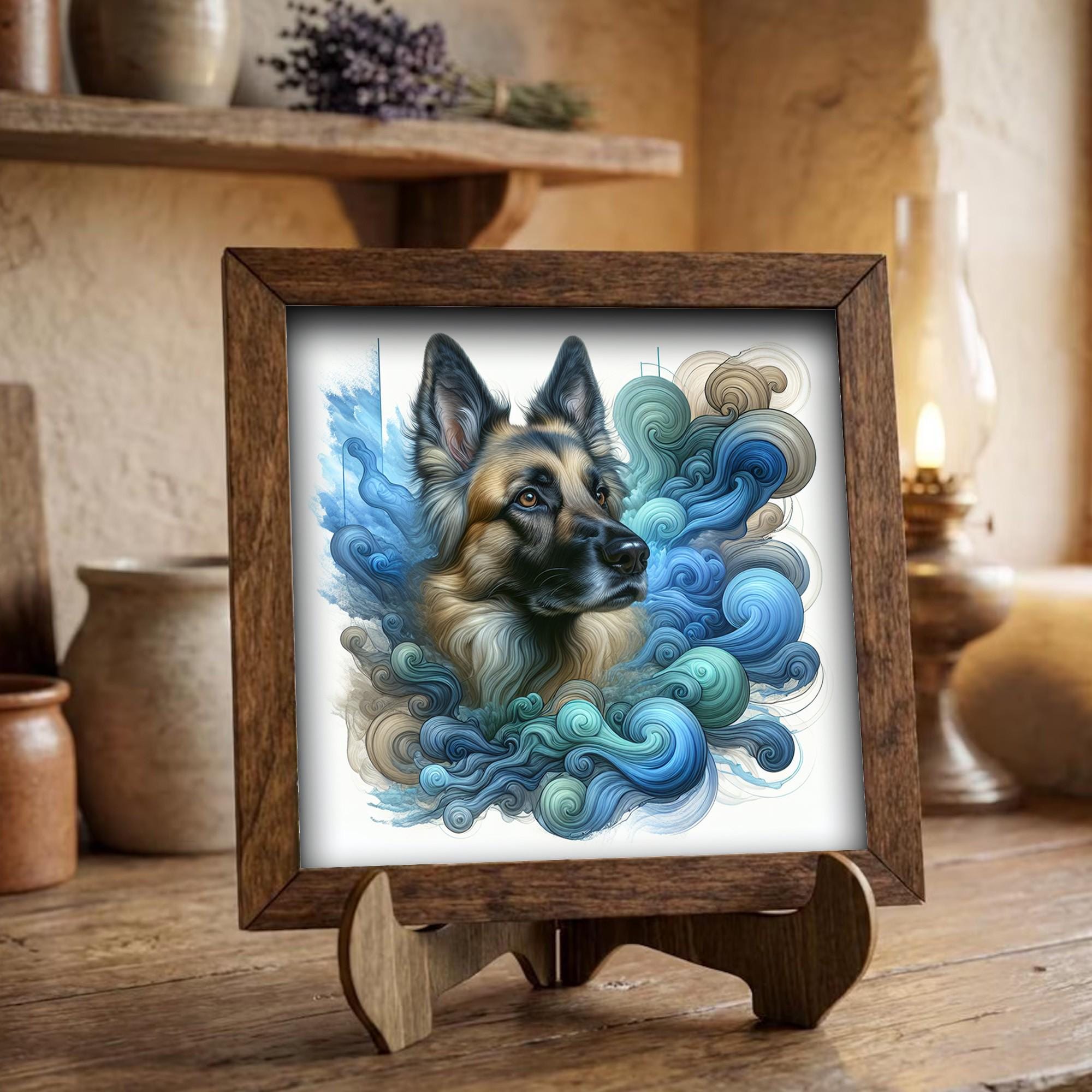 Framed German Shepherd Art Print | Coastal Blue Farmhouse Shelf Decor