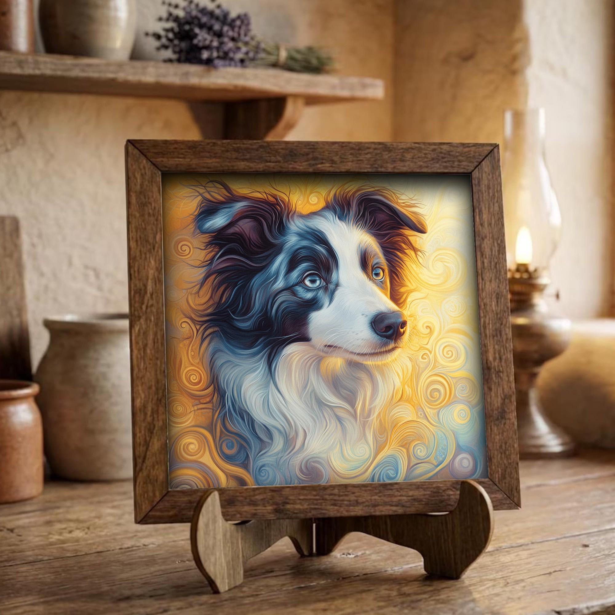 Framed Border Collie Art Print | Rustic Farmhouse Shelf Decor