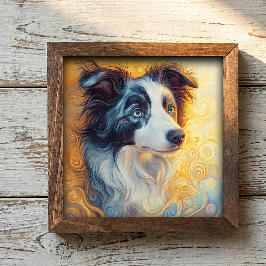 Framed Border Collie Art Print | Rustic Farmhouse Shelf Decor