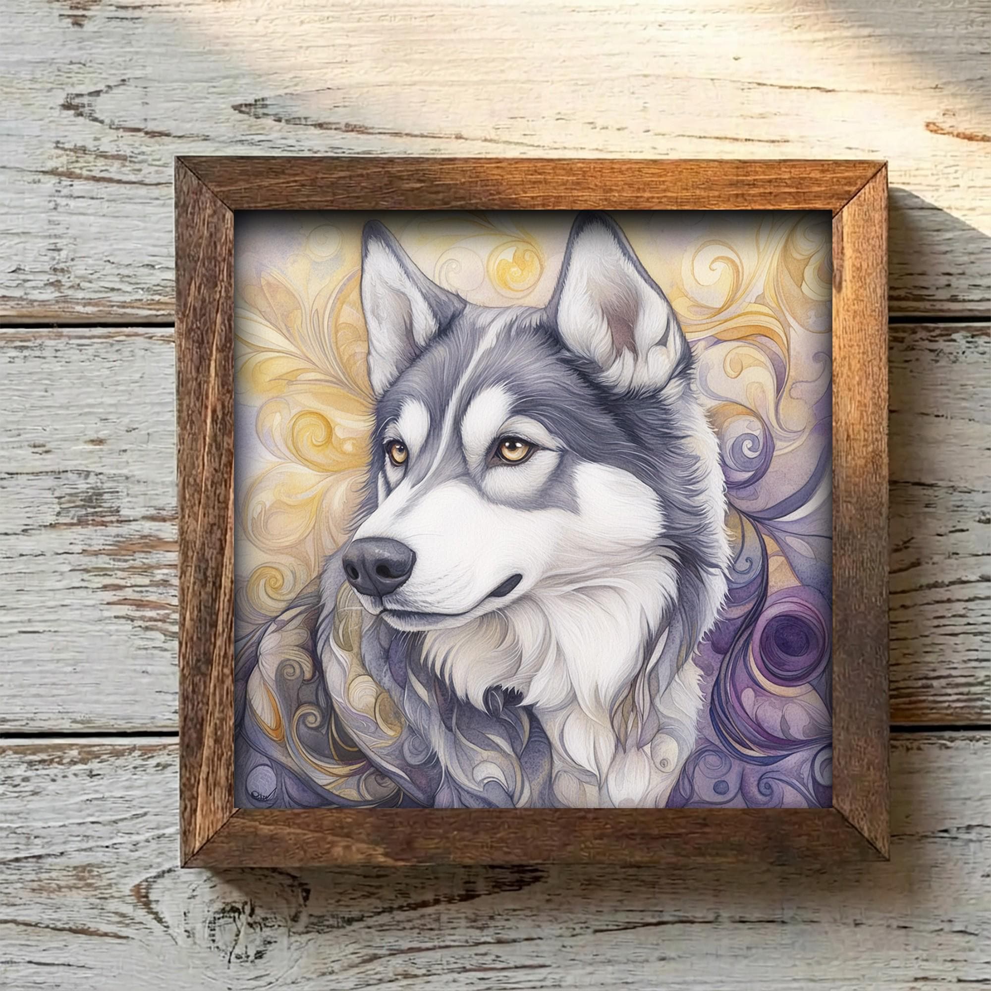 Framed Husky Dog Art Print | Rustic Farmhouse Shelf Decor