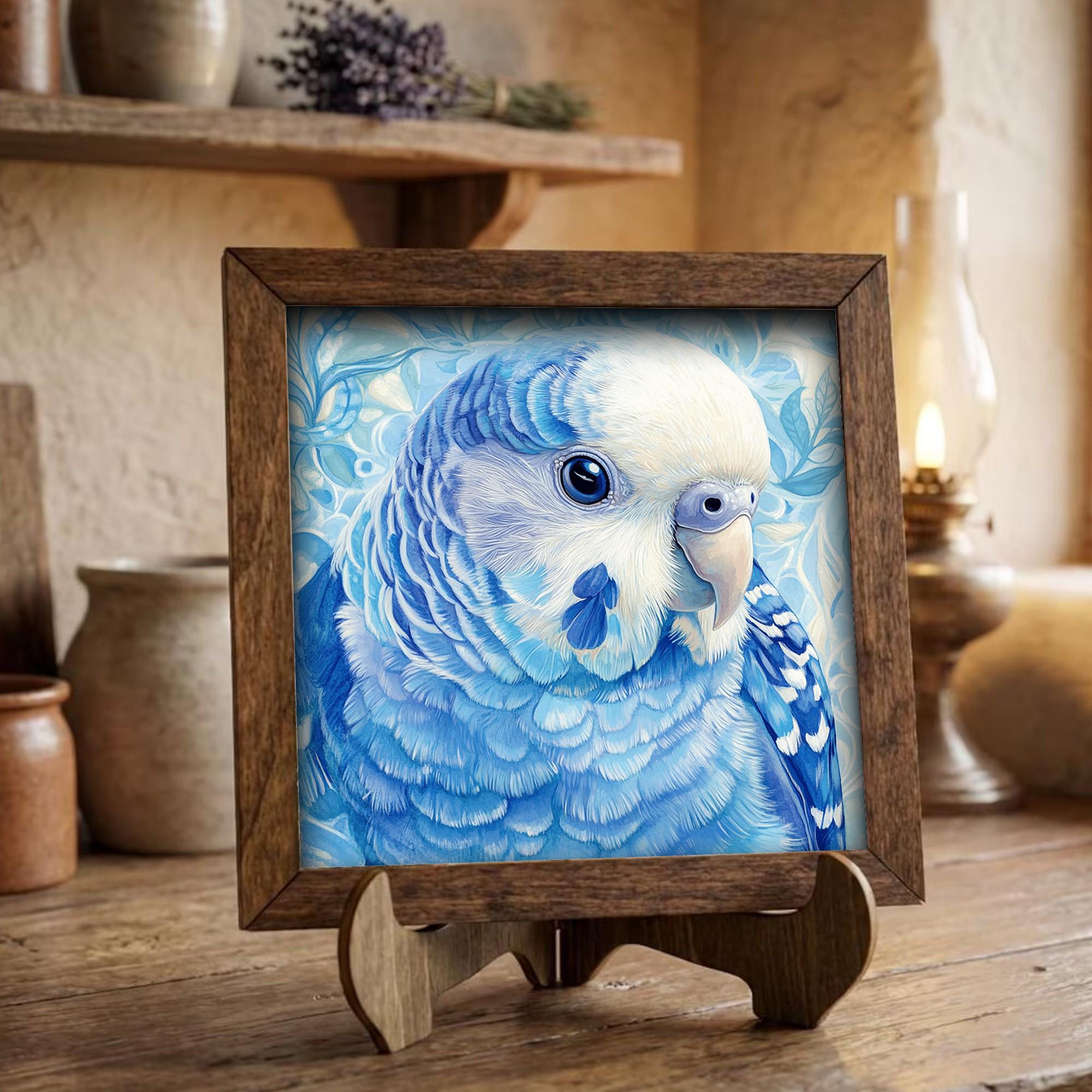 Framed Blue Parakeet Art Print | Rustic Farmhouse Bird Decor