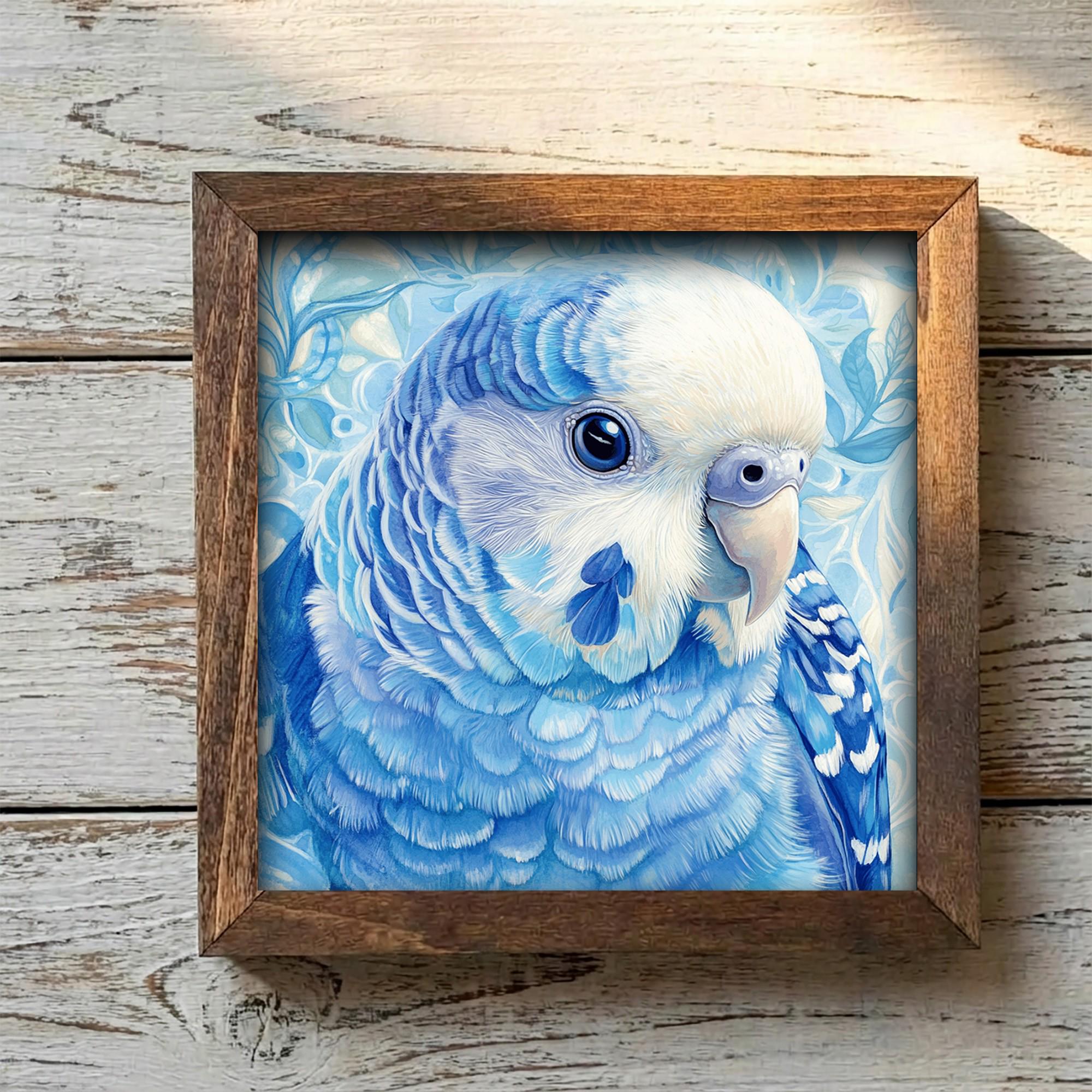 Framed Blue Parakeet Art Print | Rustic Farmhouse Bird Decor