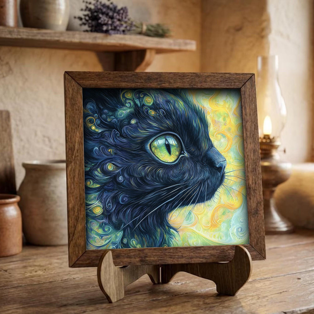 Framed Black Cat Art Print | Rustic Farmhouse Shelf Decor
