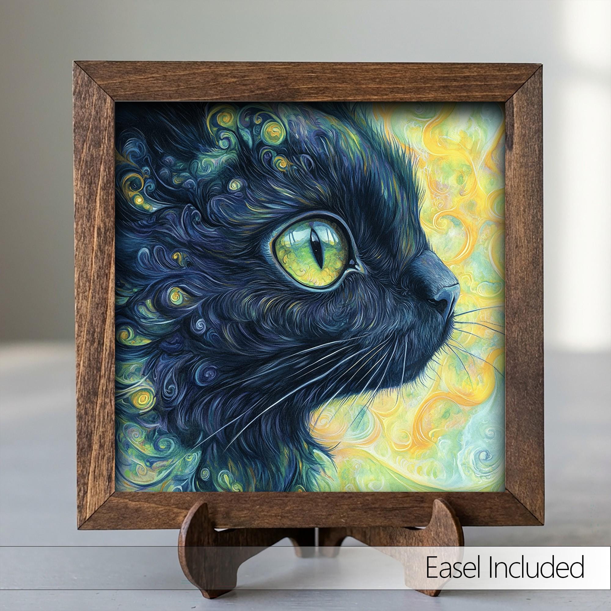 Framed Black Cat Art Print | Rustic Farmhouse Shelf Decor