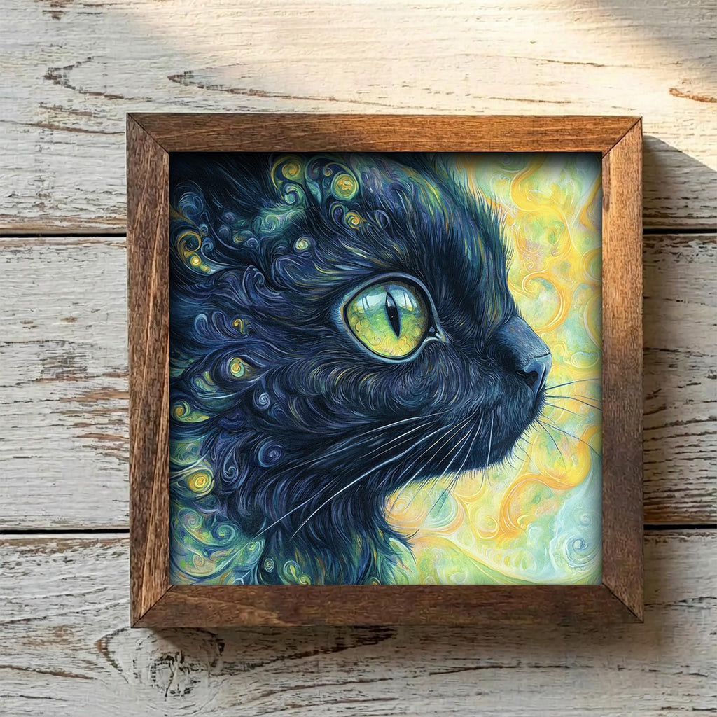 Framed Black Cat Art Print | Rustic Farmhouse Shelf Decor