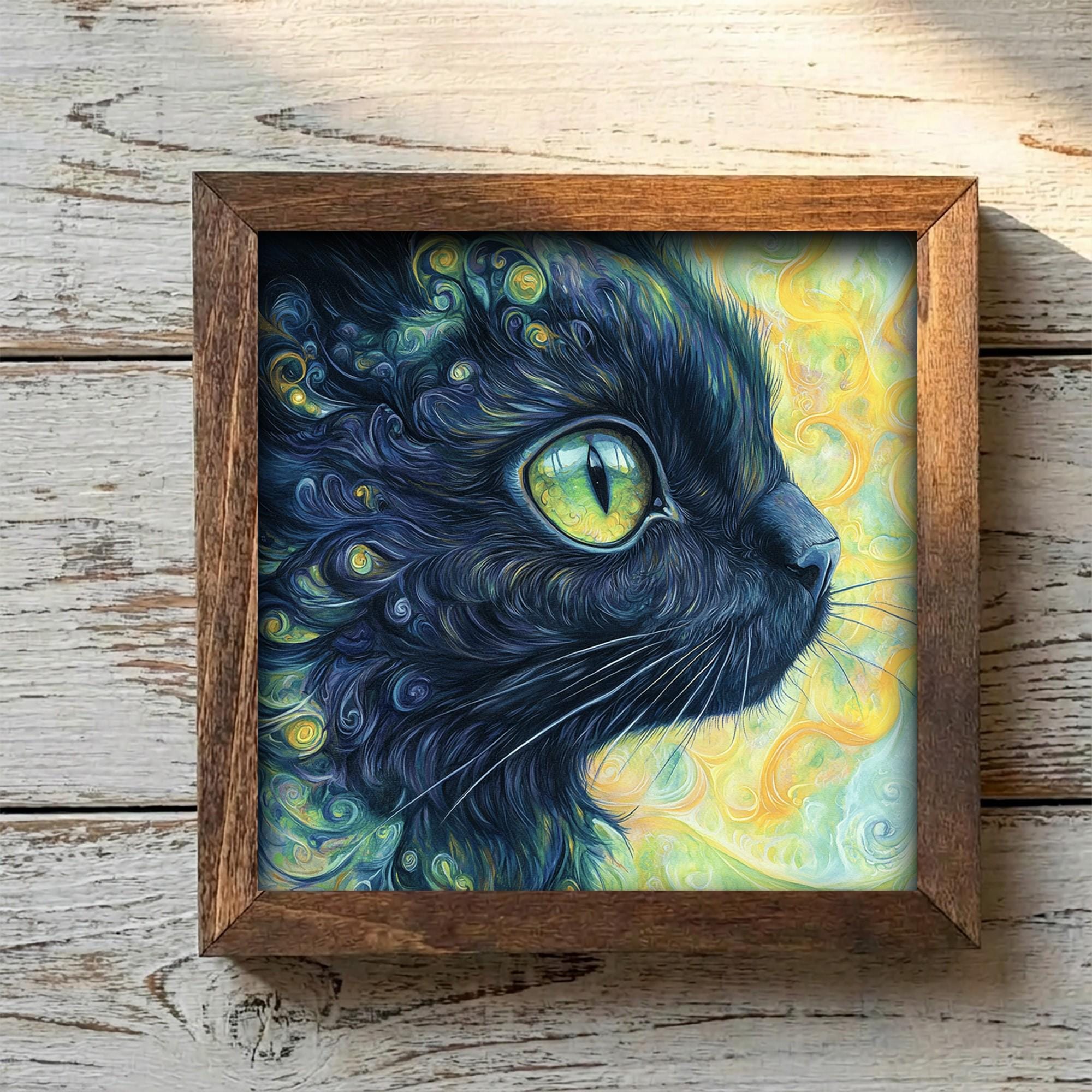 Framed Black Cat Art Print | Rustic Farmhouse Shelf Decor