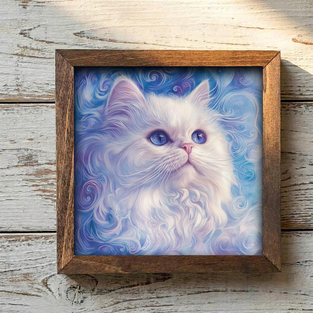 Framed White Cat Art Print | Blue Swirl Watercolor Pet Portrait