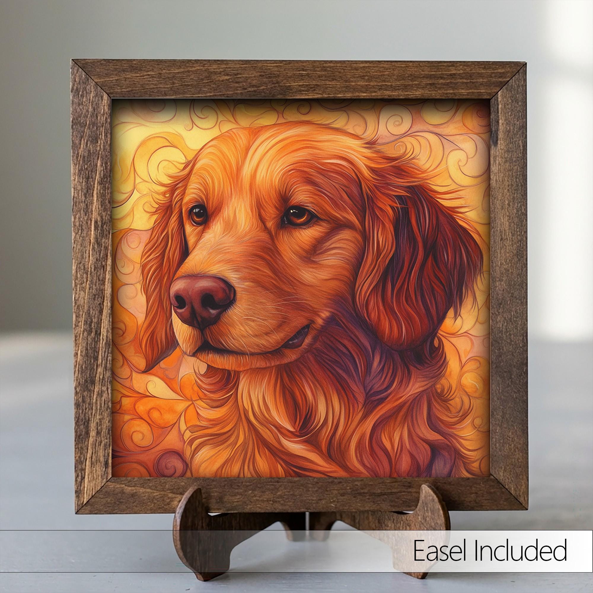Framed Golden Retriever Art Print | Rustic Farmhouse Shelf Decor