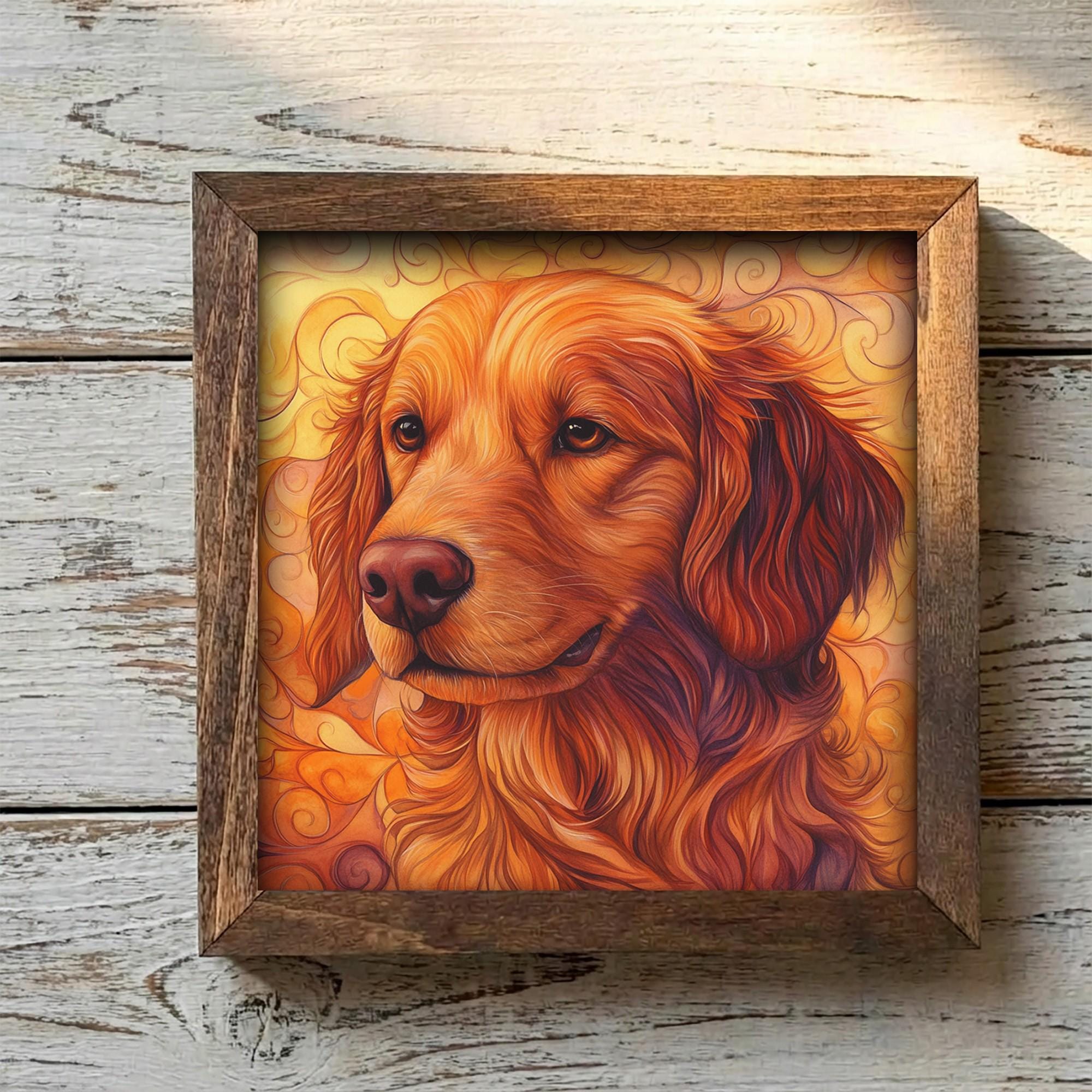 Framed Golden Retriever Art Print | Rustic Farmhouse Shelf Decor