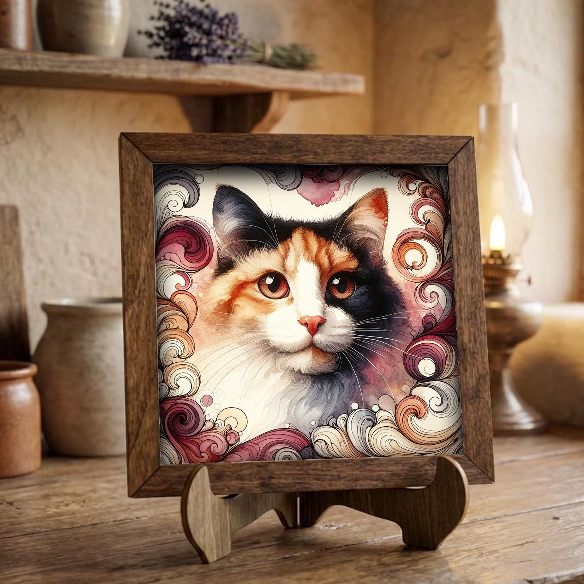 Framed Calico Cat Art Print | Rustic Farmhouse Shelf Decor