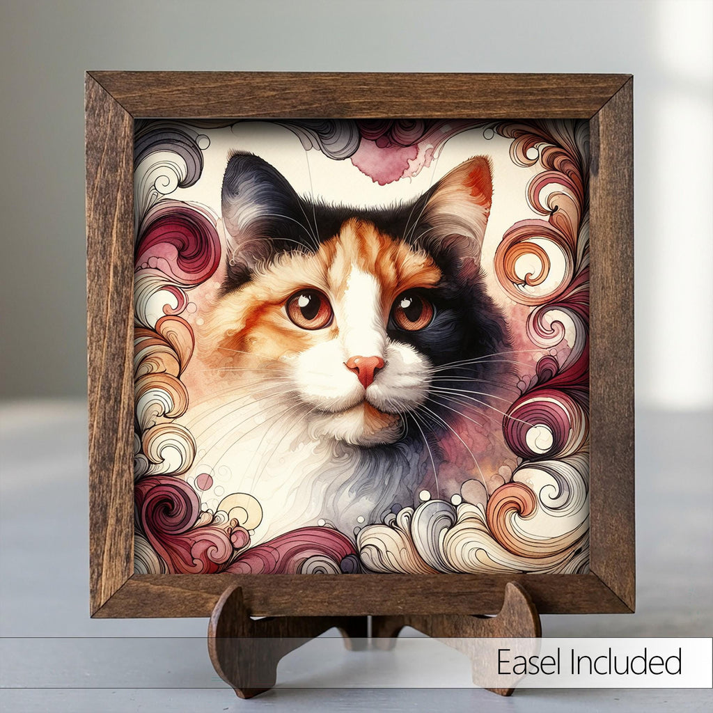 Framed Calico Cat Art Print | Rustic Farmhouse Shelf Decor