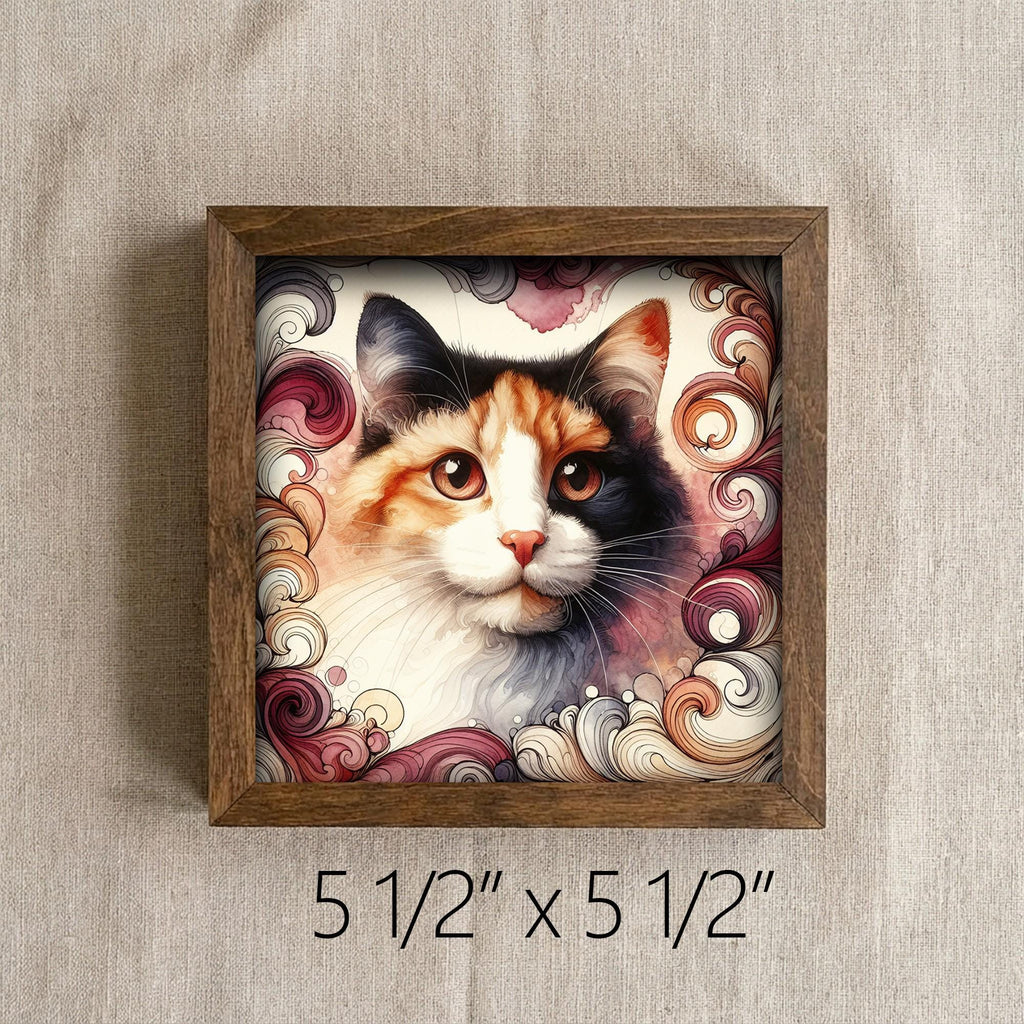 Framed Calico Cat Art Print | Rustic Farmhouse Shelf Decor