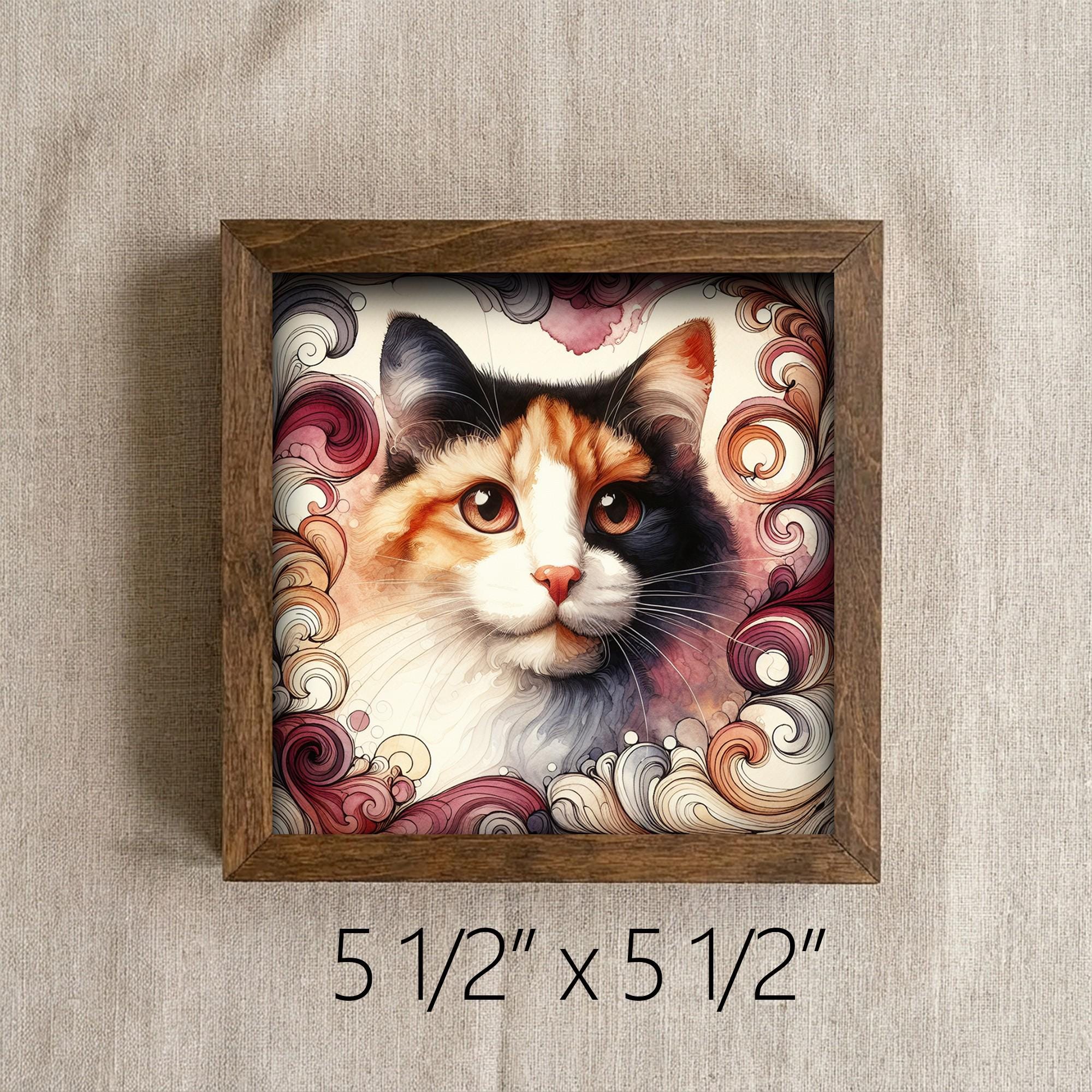 Framed Calico Cat Art Print | Rustic Farmhouse Shelf Decor