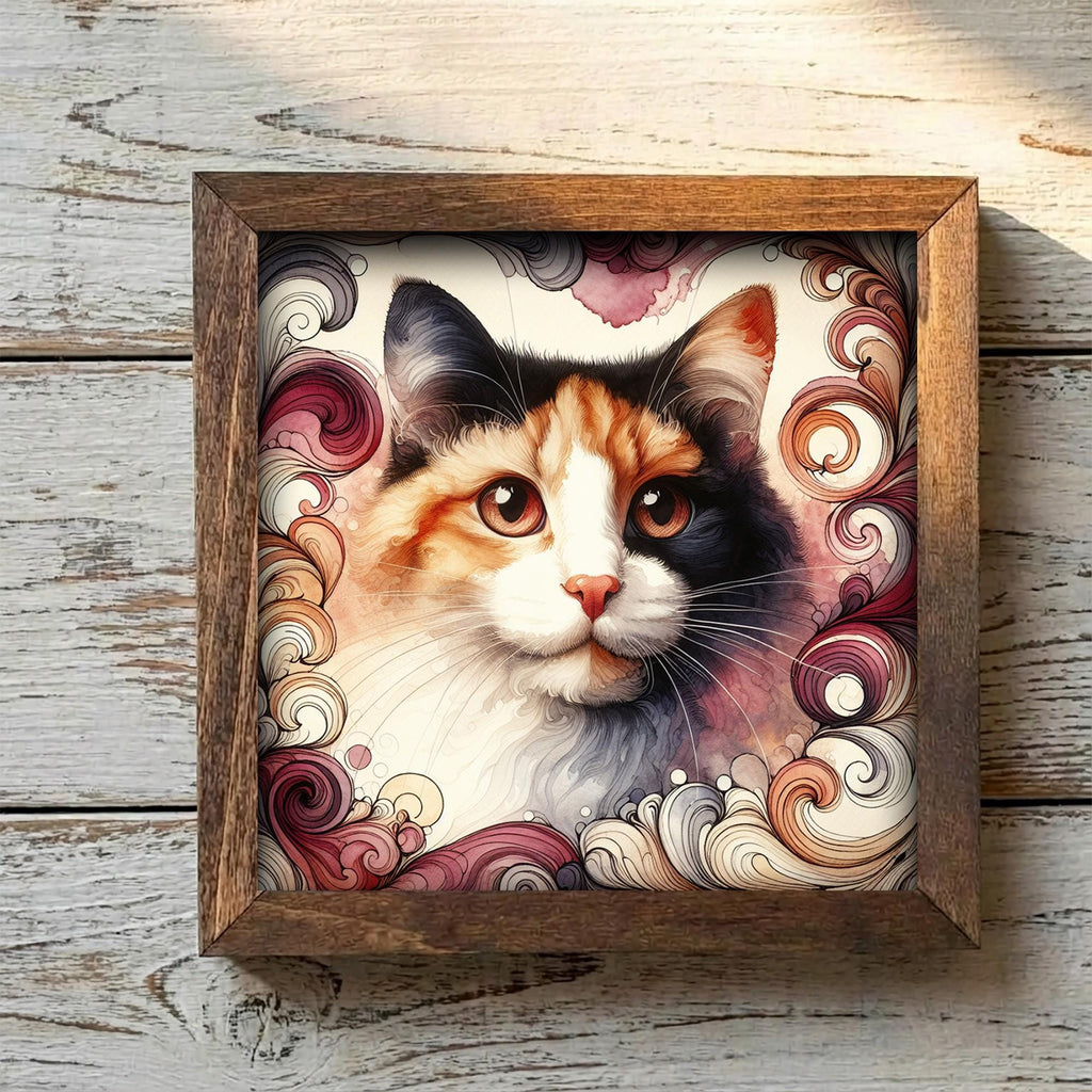 Framed Calico Cat Art Print | Rustic Farmhouse Shelf Decor