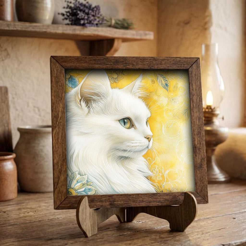 Framed White Cat Art Print | Rustic Farmhouse Shelf Decor