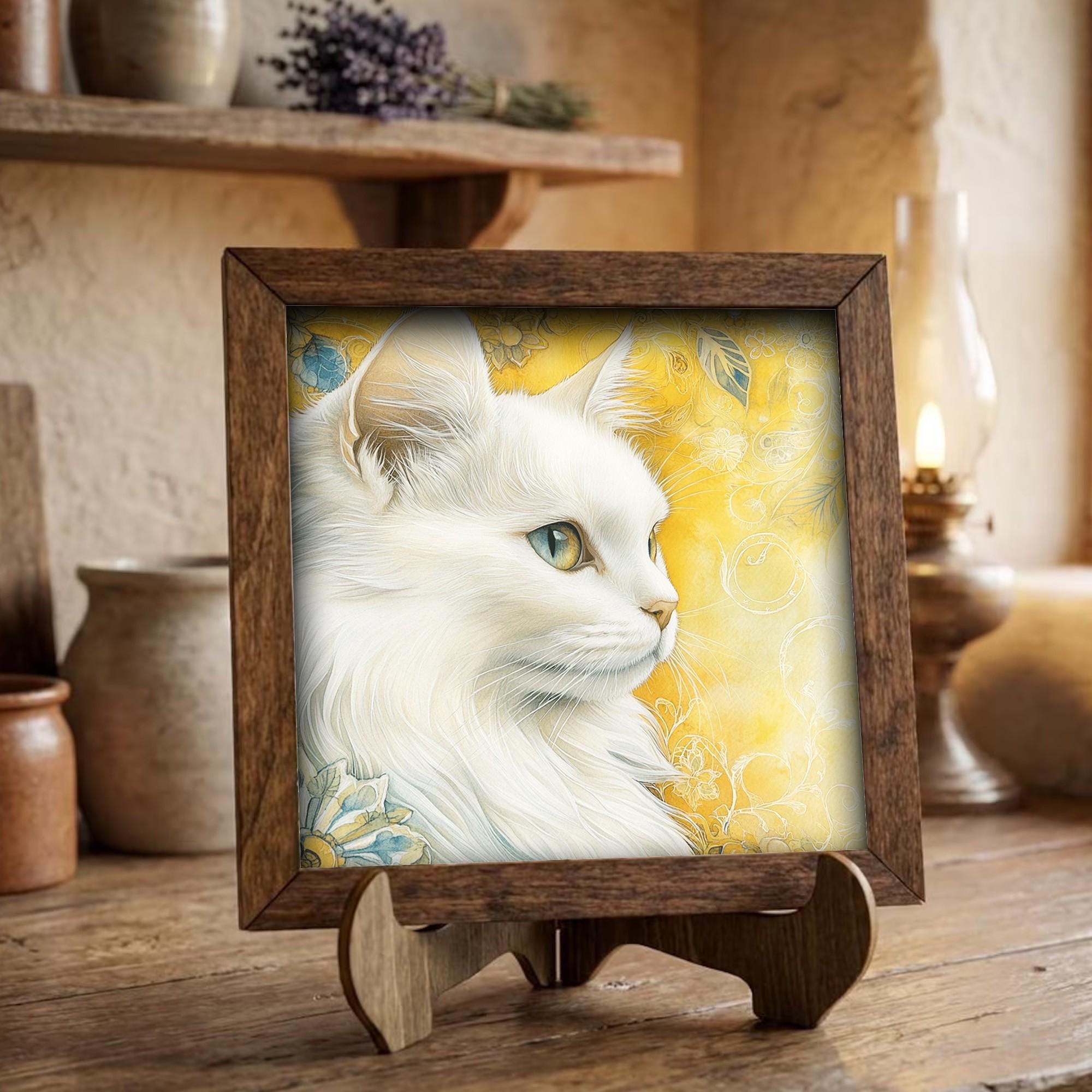 Framed White Cat Art Print | Rustic Farmhouse Shelf Decor