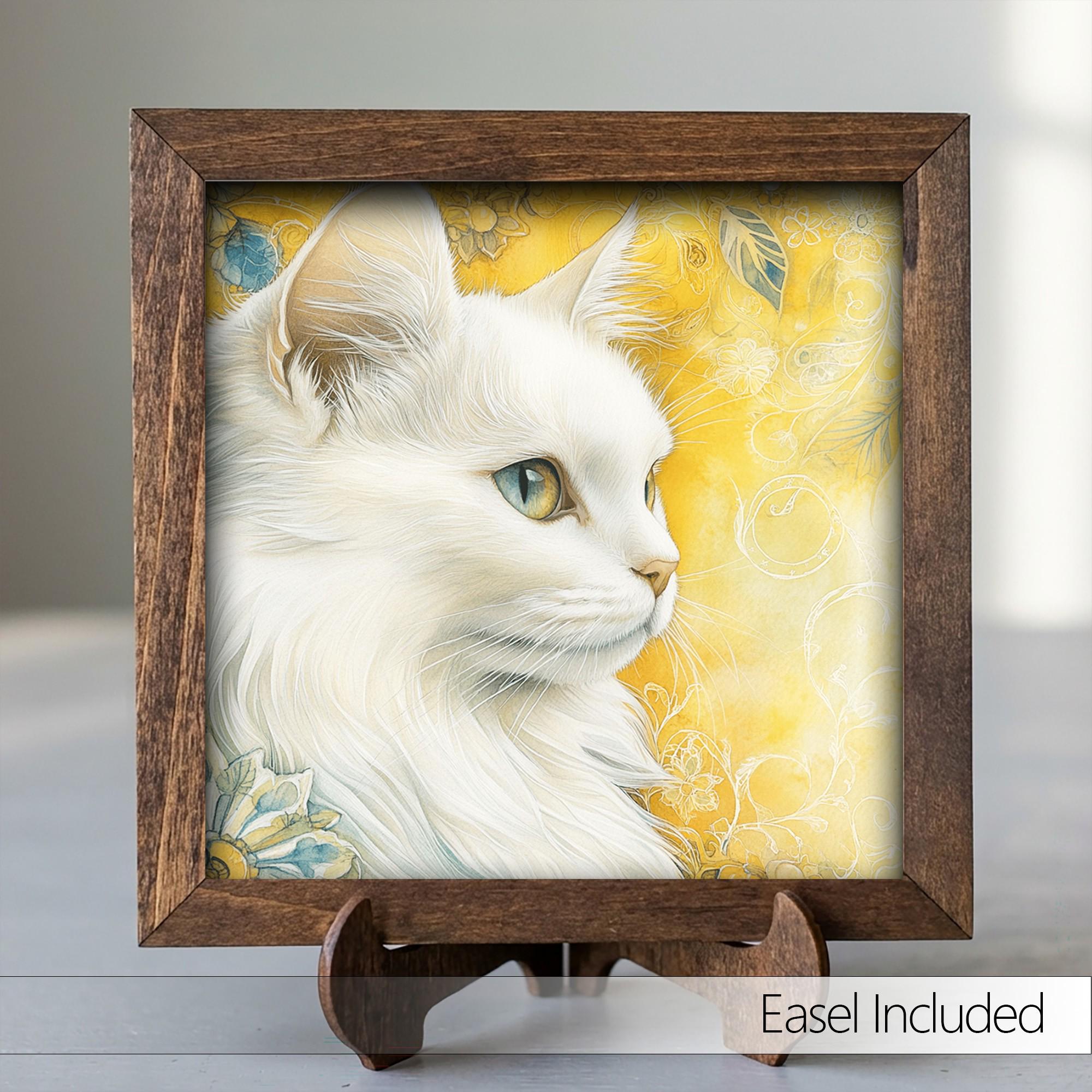 Framed White Cat Art Print | Rustic Farmhouse Shelf Decor