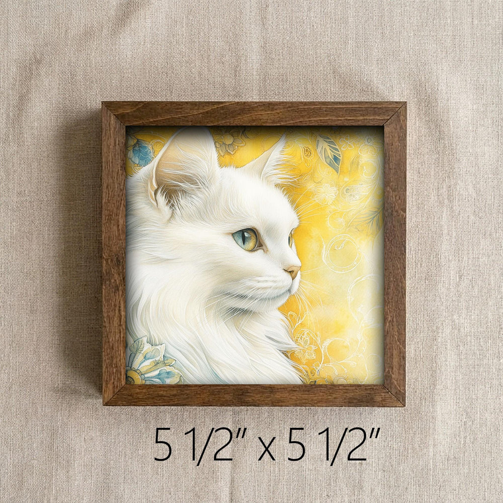 Framed White Cat Art Print | Rustic Farmhouse Shelf Decor