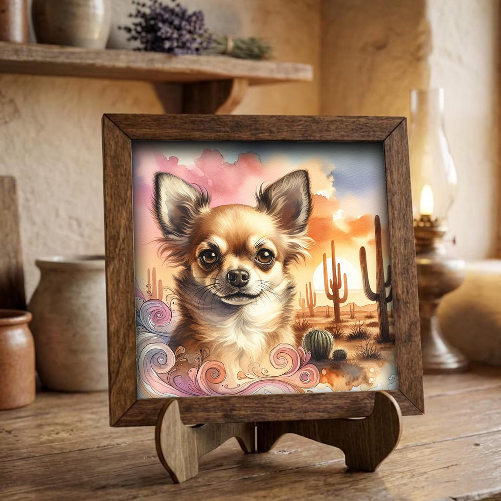 Framed Chihuahua Art Print | Desert Sunset Watercolor Pet Portrait