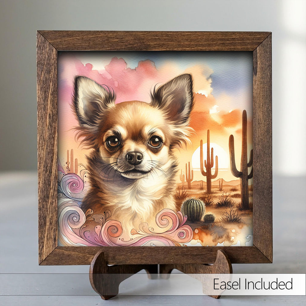 Framed Chihuahua Art Print | Desert Sunset Watercolor Pet Portrait