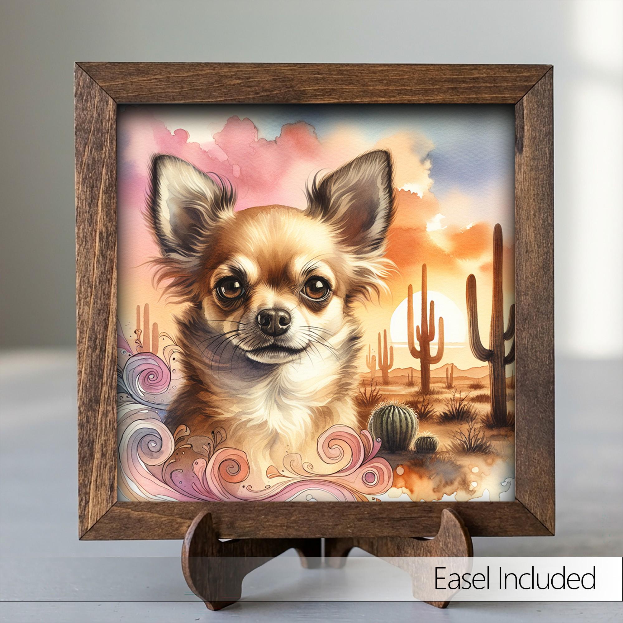 Framed Chihuahua Art Print | Desert Sunset Watercolor Pet Portrait