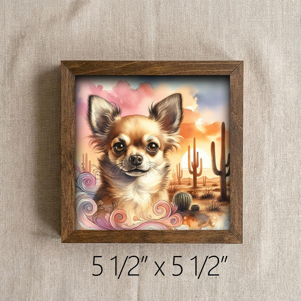 Framed Chihuahua Art Print | Desert Sunset Watercolor Pet Portrait