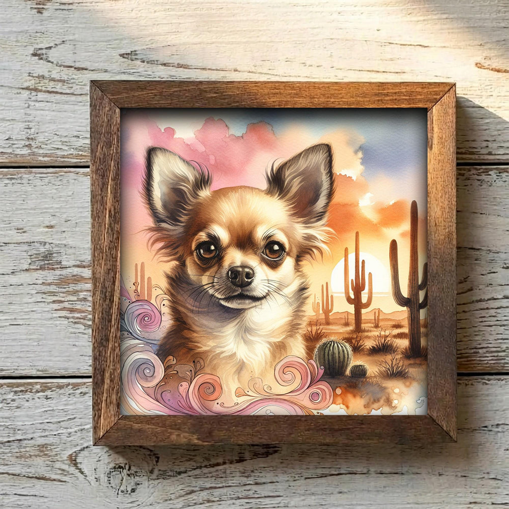 Framed Chihuahua Art Print | Desert Sunset Watercolor Pet Portrait