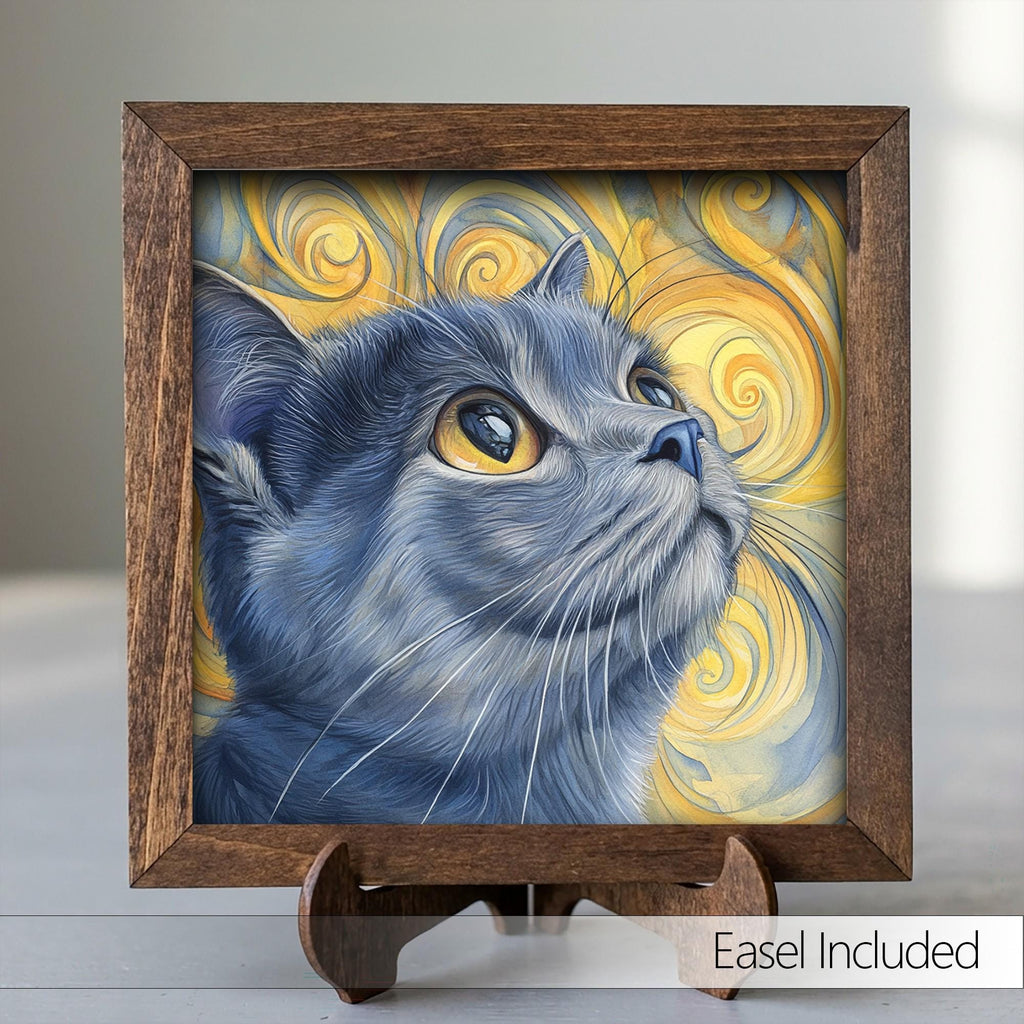 Framed Gray Cat Art Print | Rustic Farmhouse Shelf Decor