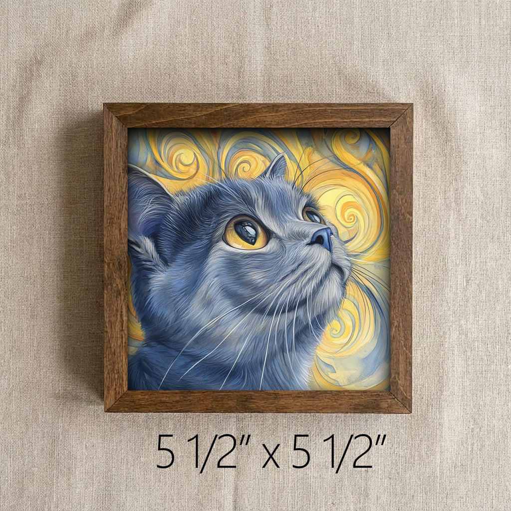 Framed Gray Cat Art Print | Rustic Farmhouse Shelf Decor