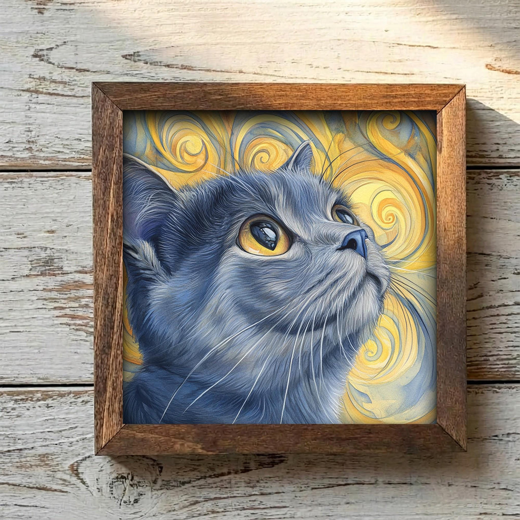 Framed Gray Cat Art Print | Rustic Farmhouse Shelf Decor