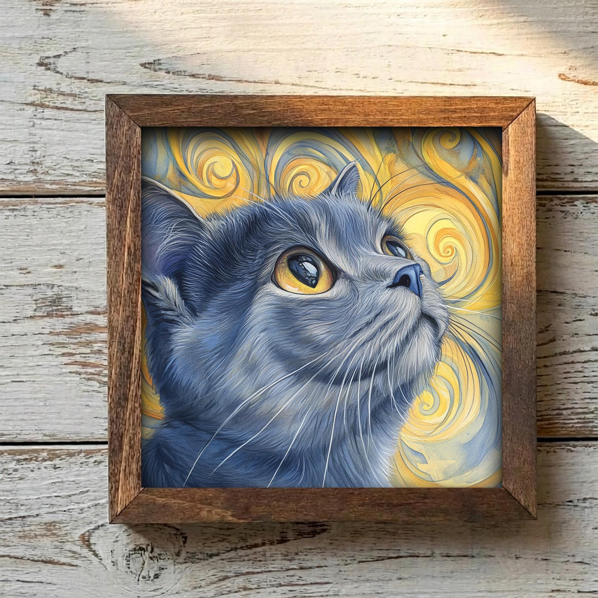 Framed Gray Cat Art Print | Rustic Farmhouse Shelf Decor
