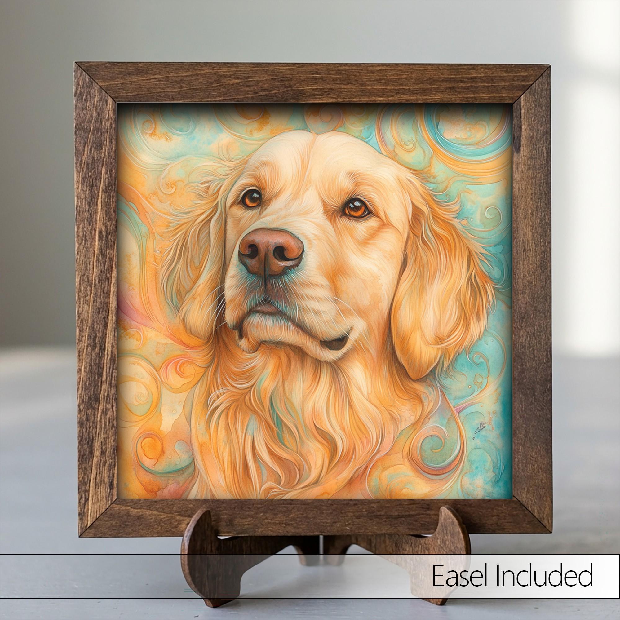 Framed Golden Retriever Art Print | Rustic Farmhouse Shelf Decor