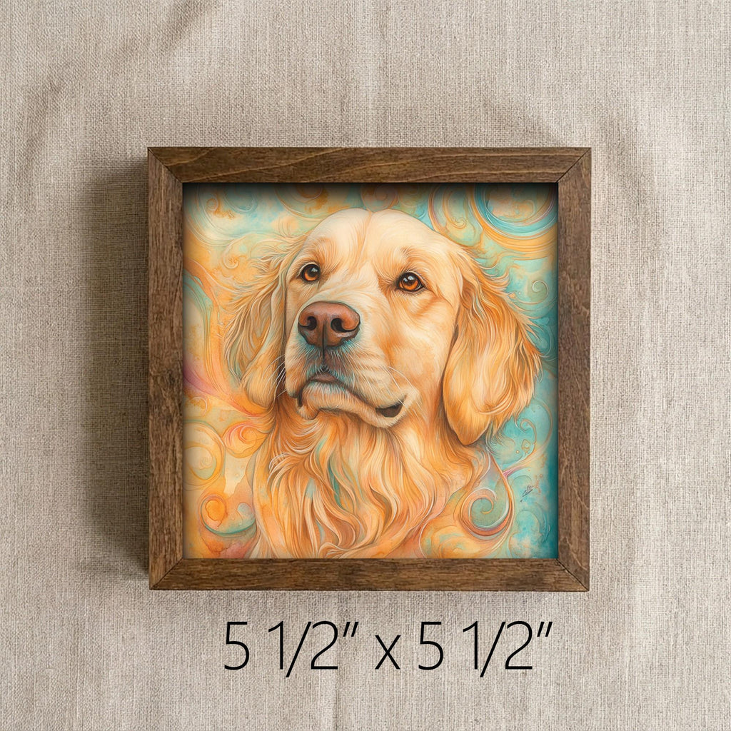 Framed Golden Retriever Art Print | Rustic Farmhouse Shelf Decor