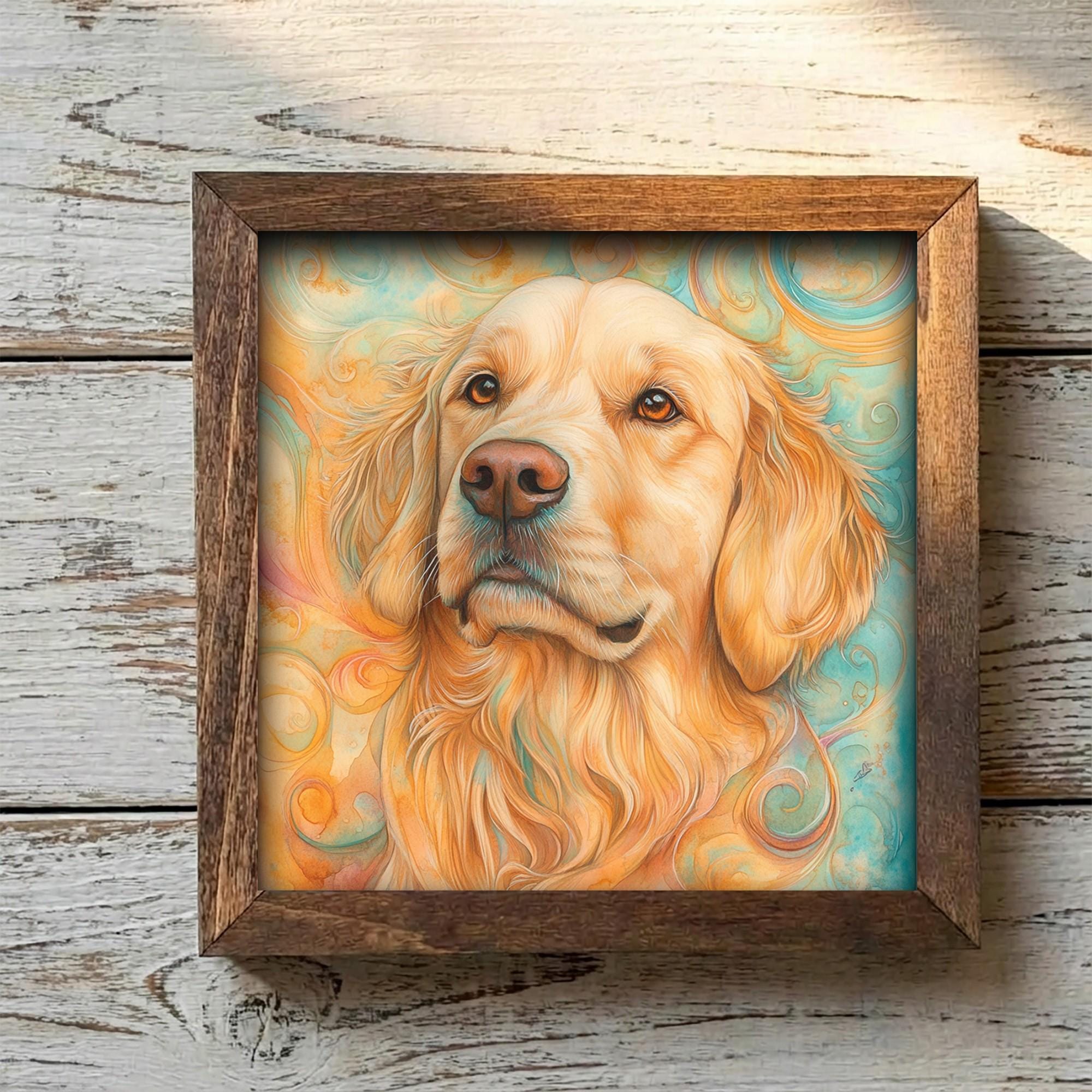 Framed Golden Retriever Art Print | Rustic Farmhouse Shelf Decor