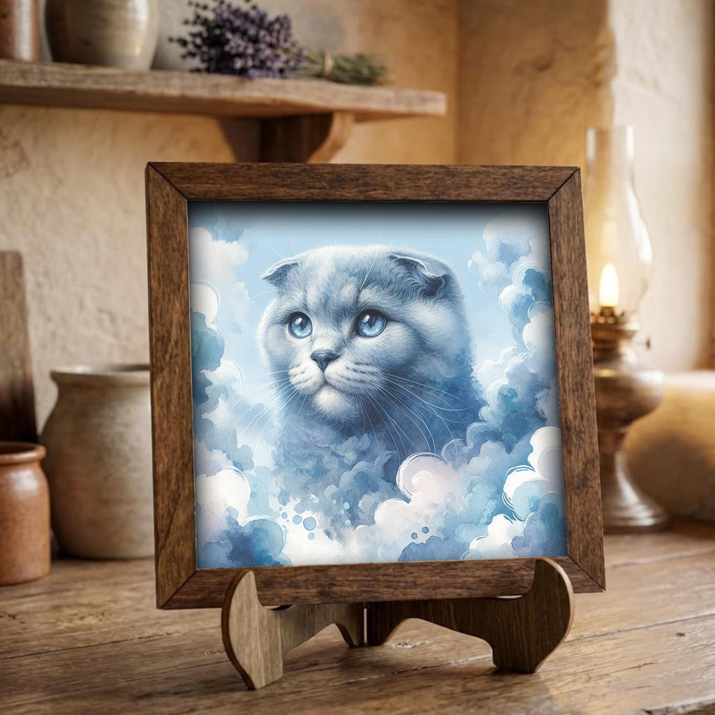 Framed Blue Kitten Art Print | Rustic Farmhouse Shelf Decor