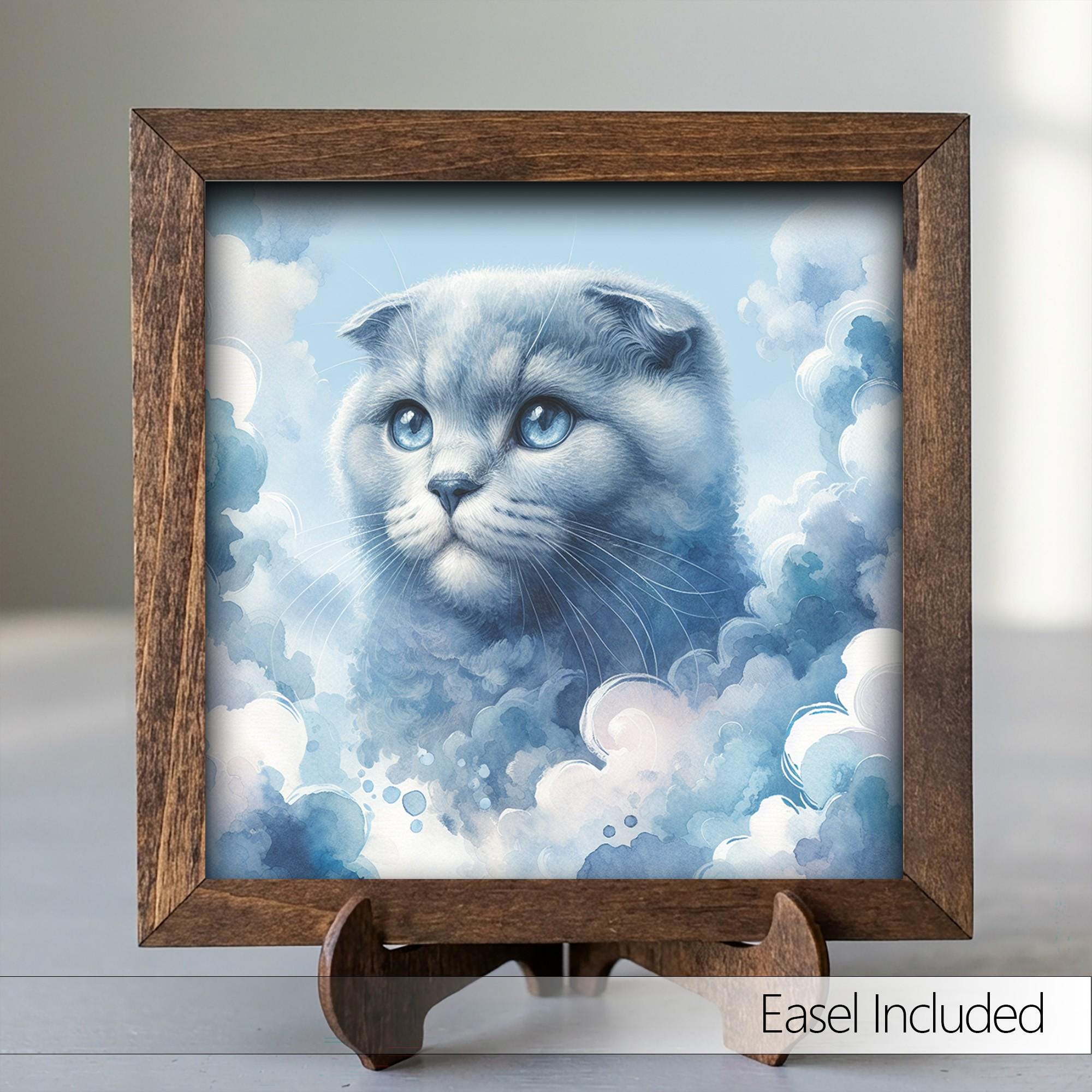 Framed Blue Kitten Art Print | Rustic Farmhouse Shelf Decor