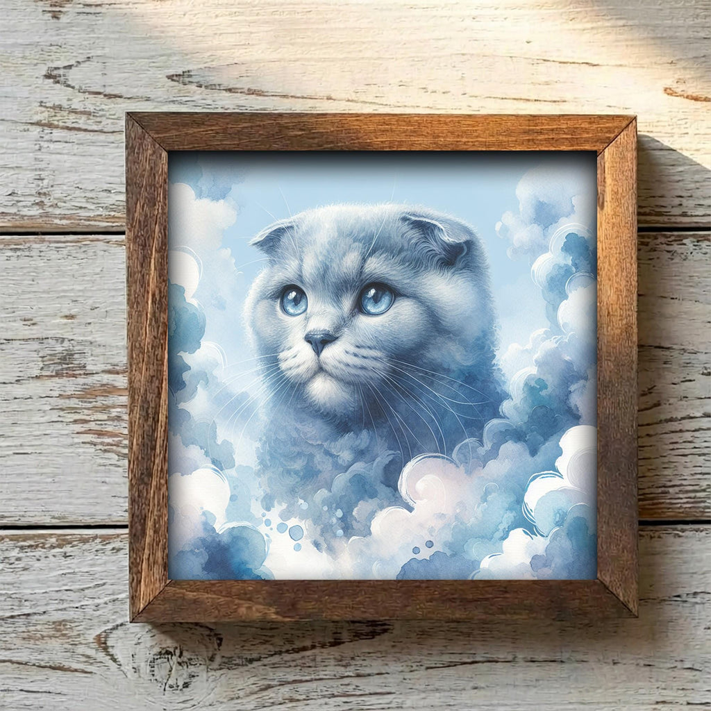 Framed Blue Kitten Art Print | Rustic Farmhouse Shelf Decor