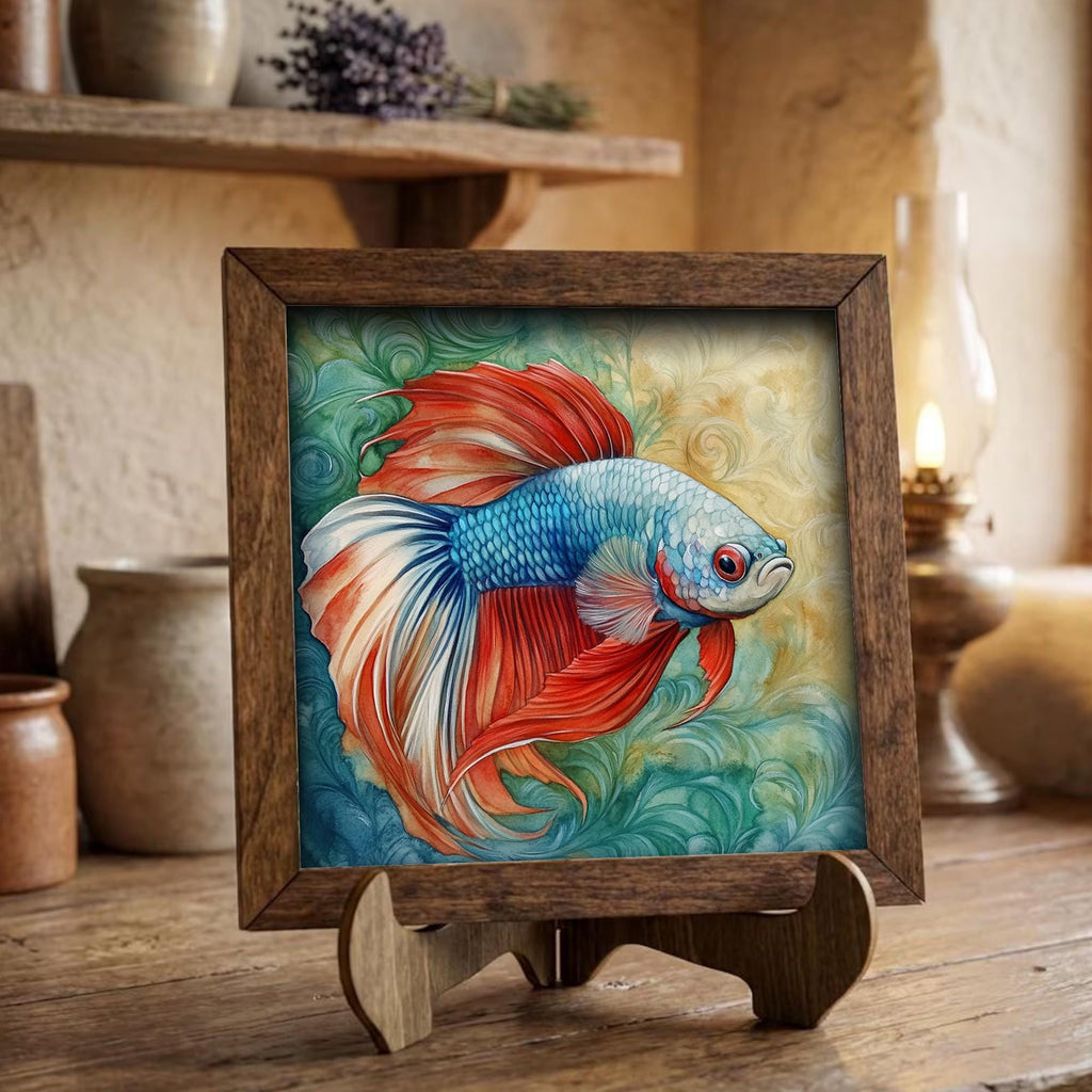 Framed Betta Fish Art Print | Watercolor Farmhouse Shelf Decor