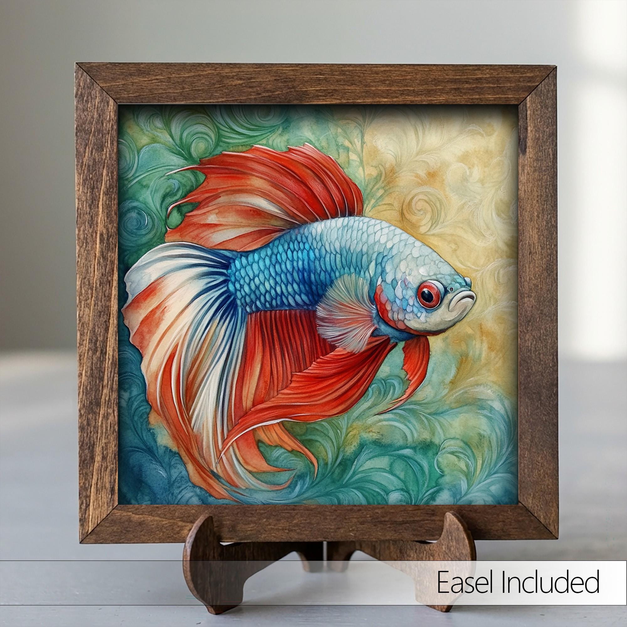 Framed Betta Fish Art Print | Watercolor Farmhouse Shelf Decor