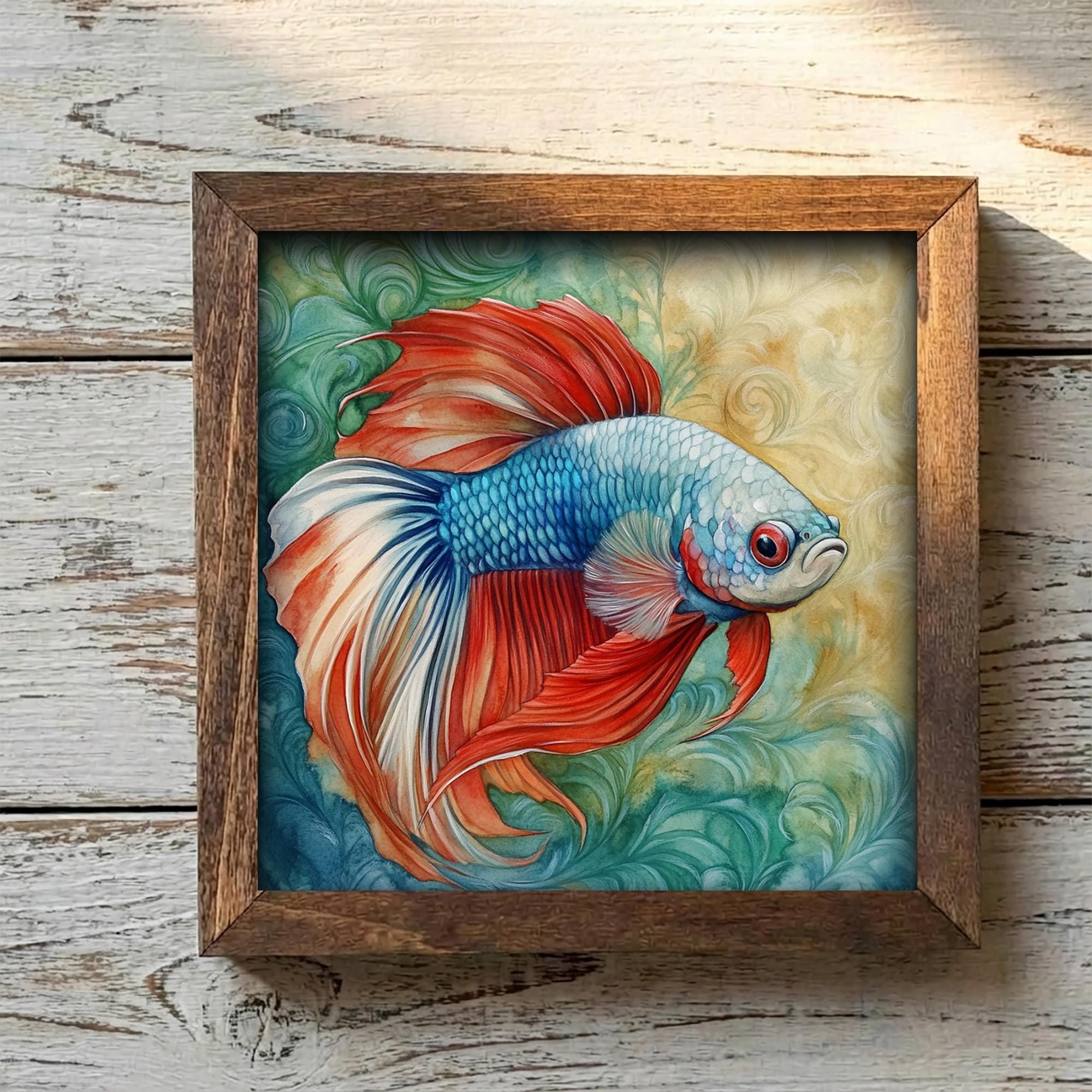 Framed Betta Fish Art Print | Watercolor Farmhouse Shelf Decor