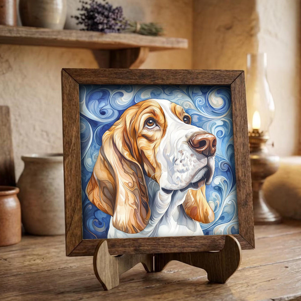 Framed Basset Hound Art Print | Rustic Farmhouse Shelf Decor