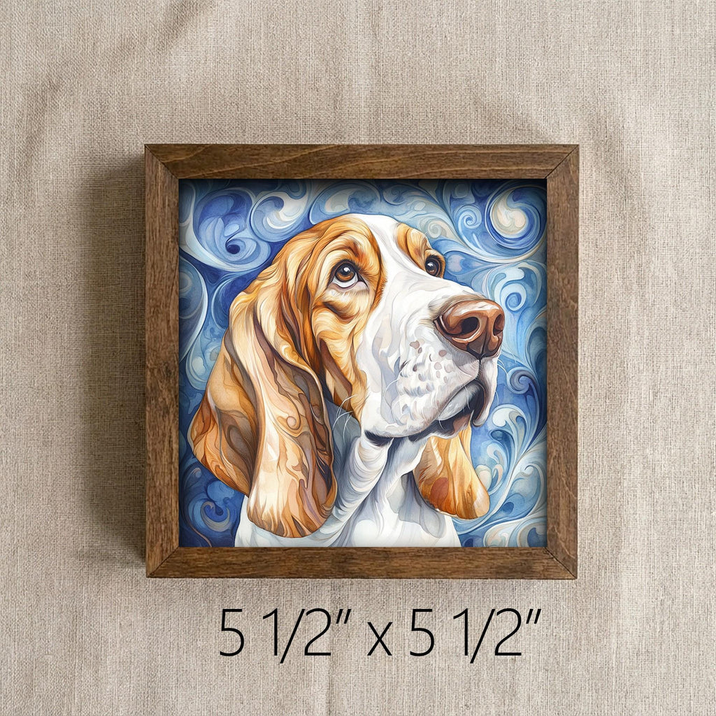 Framed Basset Hound Art Print | Rustic Farmhouse Shelf Decor