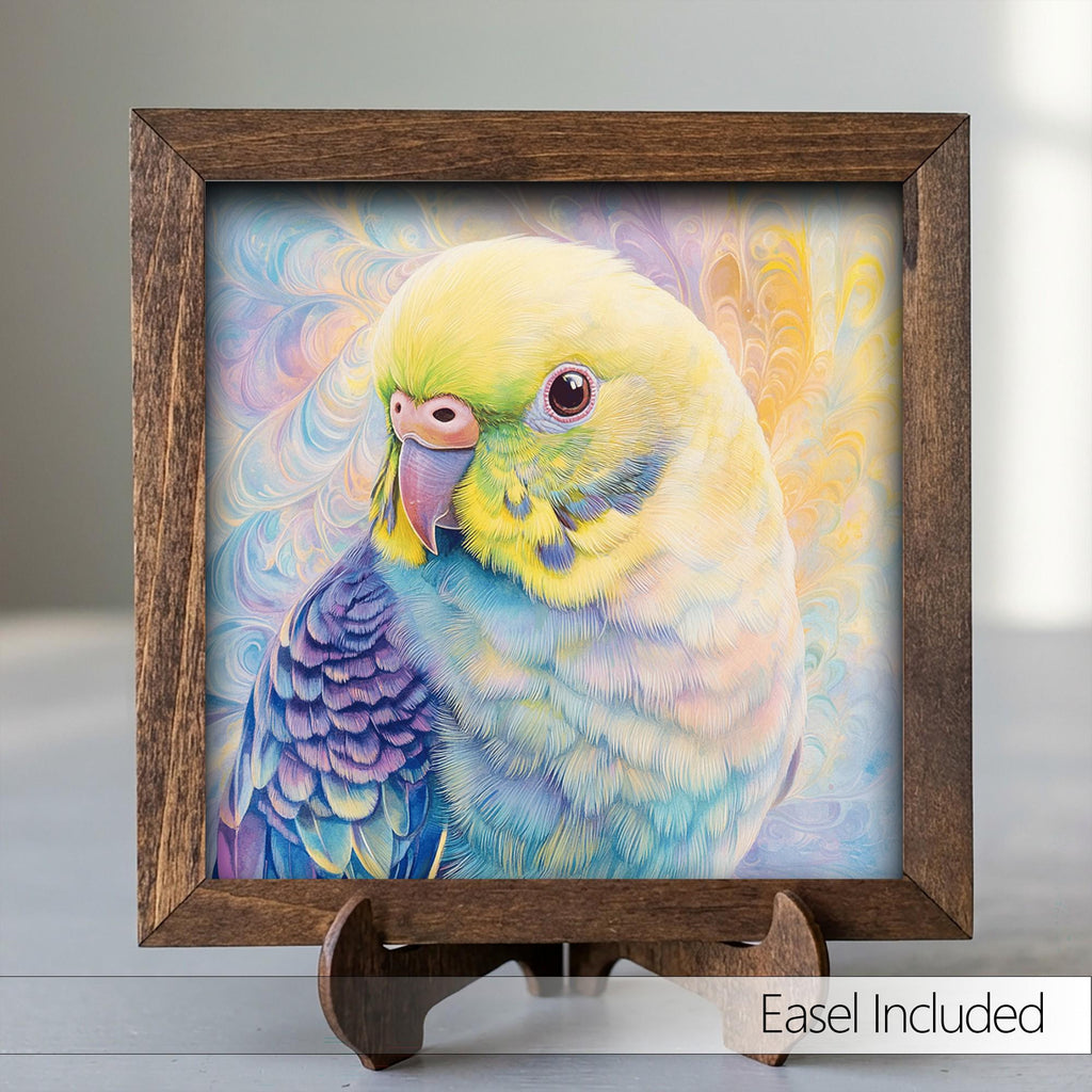 Framed Watercolor Parakeet Art Print | Colorful Bird Shelf Decor