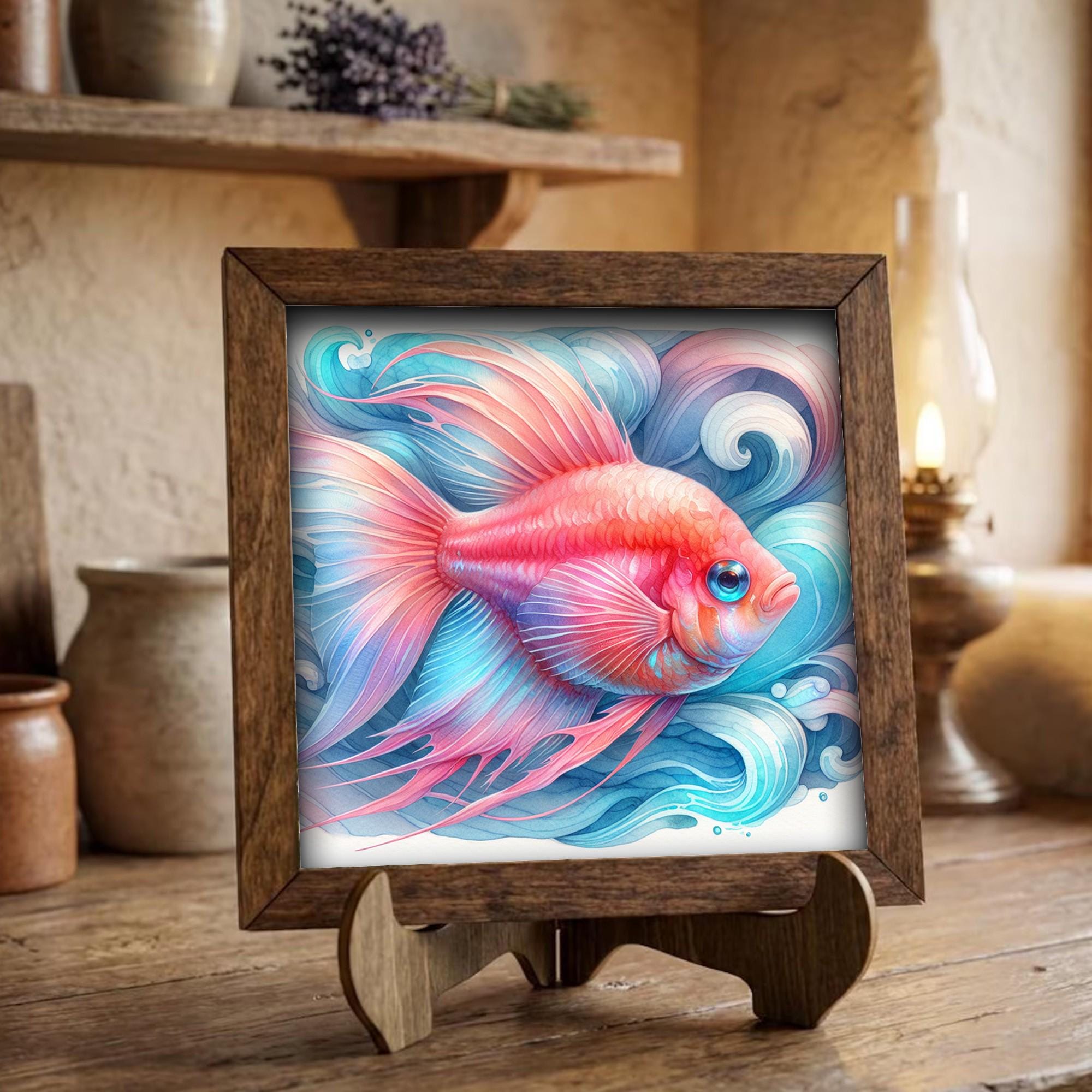 Framed Betta Fish Art Print | Watercolor Coastal Shelf Decor