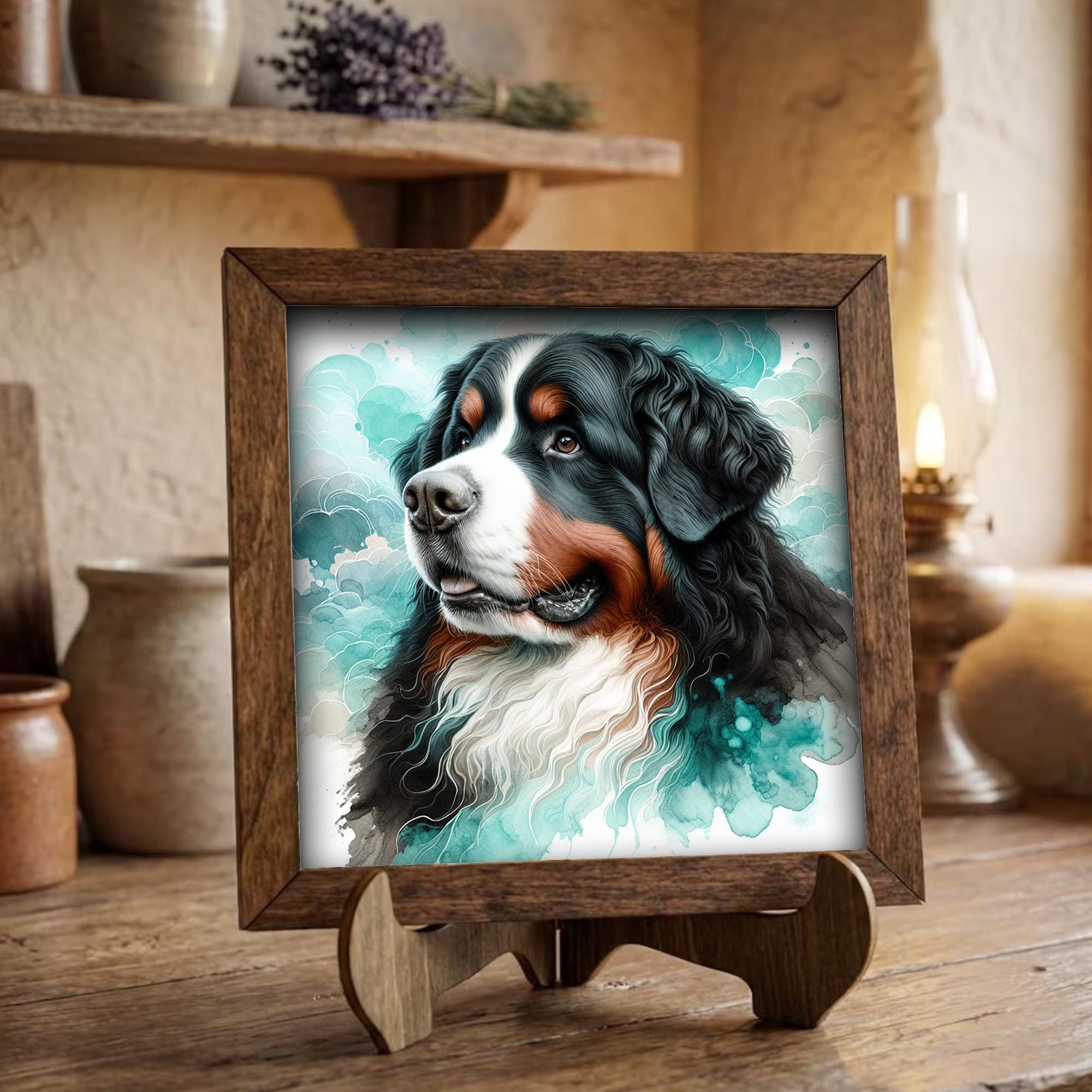 Framed Bernese Mountain Dog Art Print | Watercolor Pet Portrait Decor