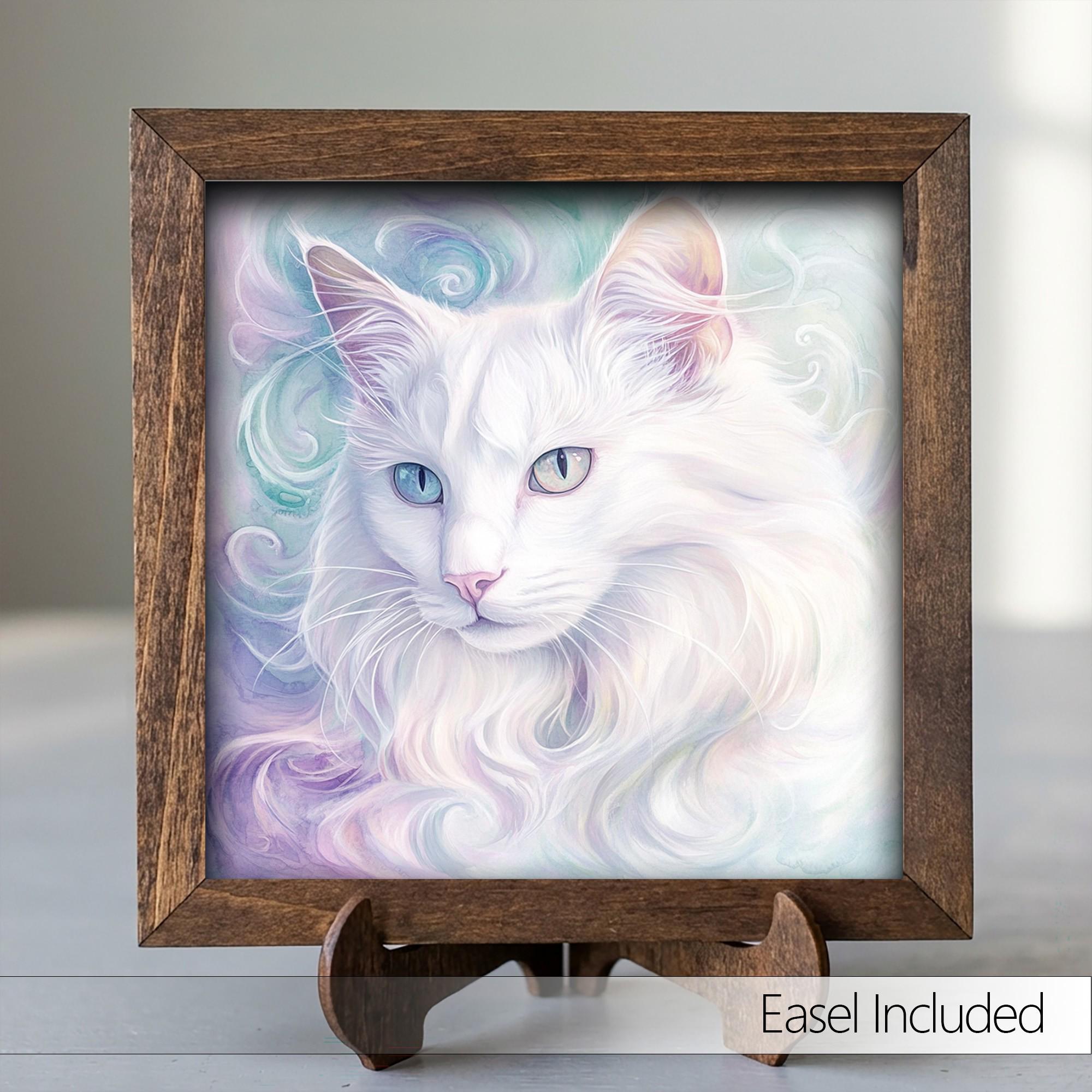 Framed White Cat Art Print | Whimsical Farmhouse Shelf Decor